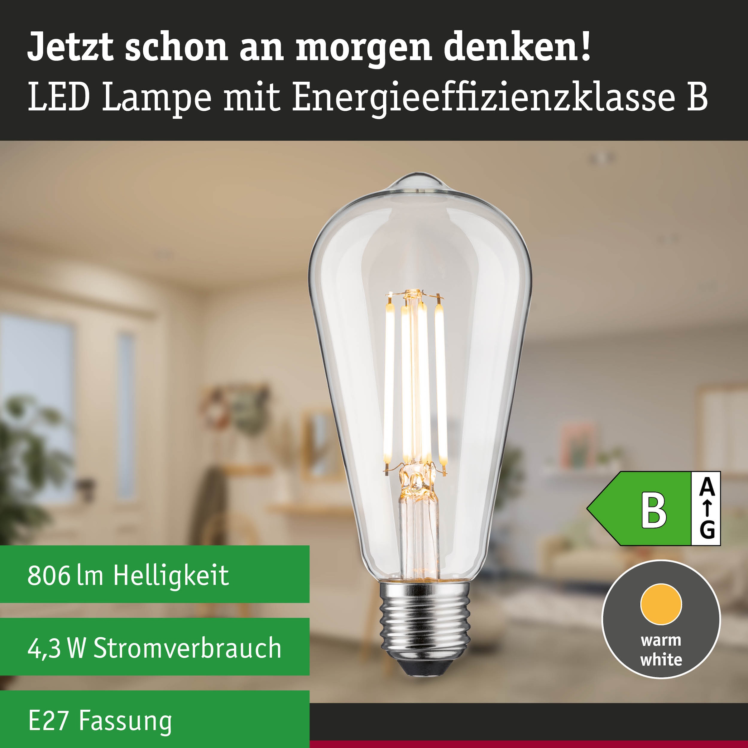 Paulmann LED-Leuchtmittel »Efficient-Line ST64 806lm 4,3W 3000K klar 230V« E27 1 Stk. Warmweiß