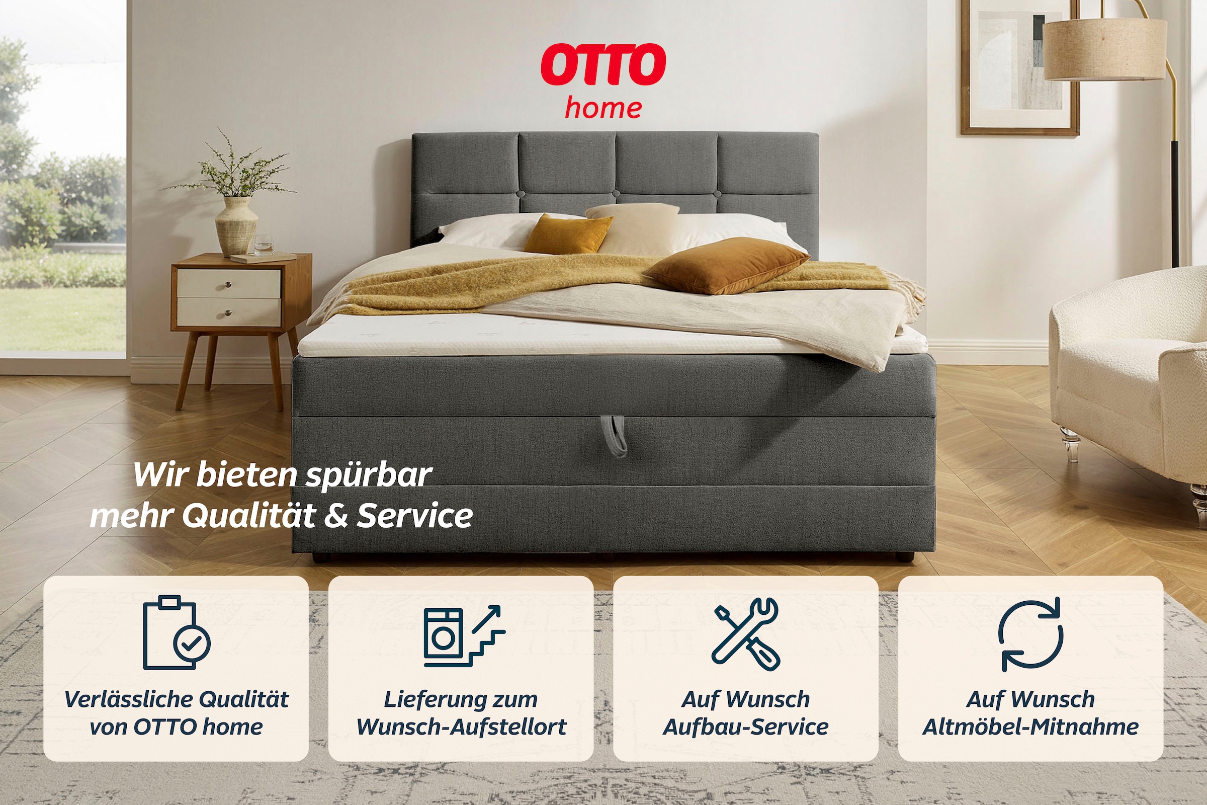 OTTO home Boxbett »FILLMORE, Polsterbett mit Bettkasten und Taschenfederkernmatratze H3« mit Kaltschaumtopper, Strukturstoff-Bezug, 140x200 & 180x200 cm