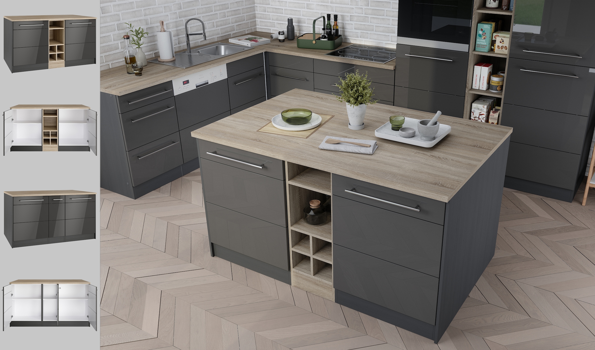 KOCHSTATION Kücheninsel »KS-Wien«, Breite 153 cm, MDF-Fronten, Flaschenregal