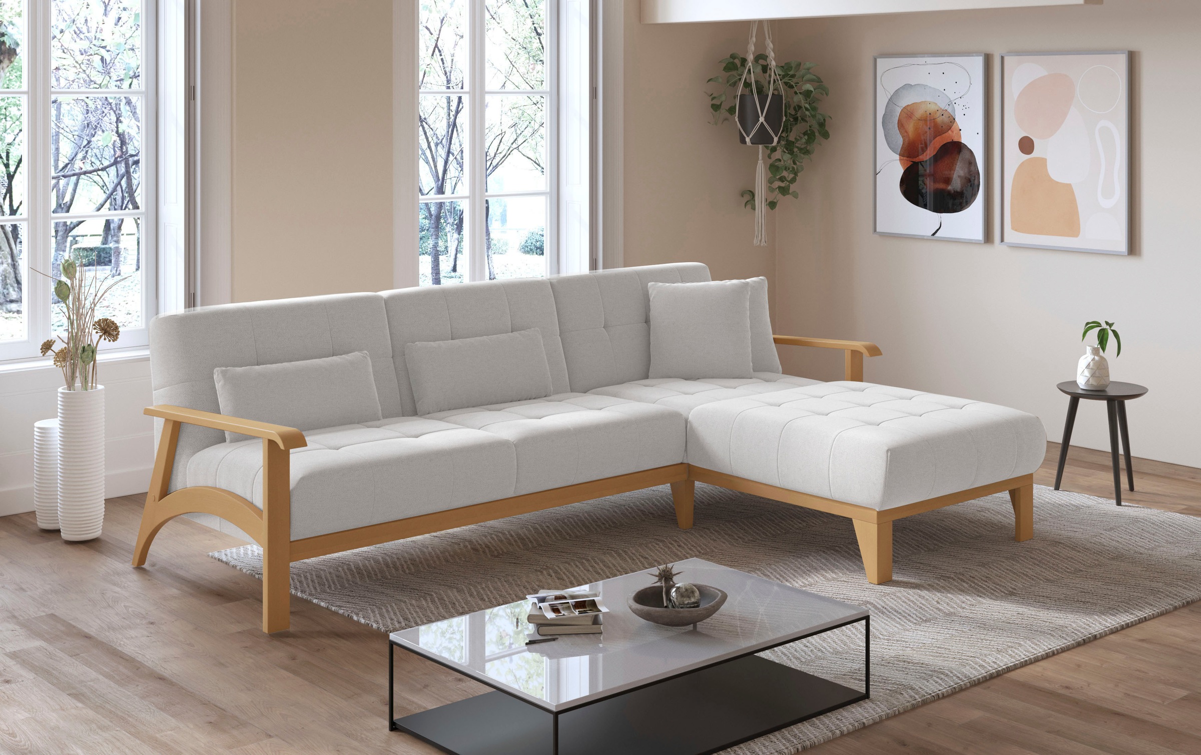 sit&more Ecksofa »Billund L-Form«, Armlehnen aus eichefarbigem Buchenholz, verschiedene Bezüge und Farben