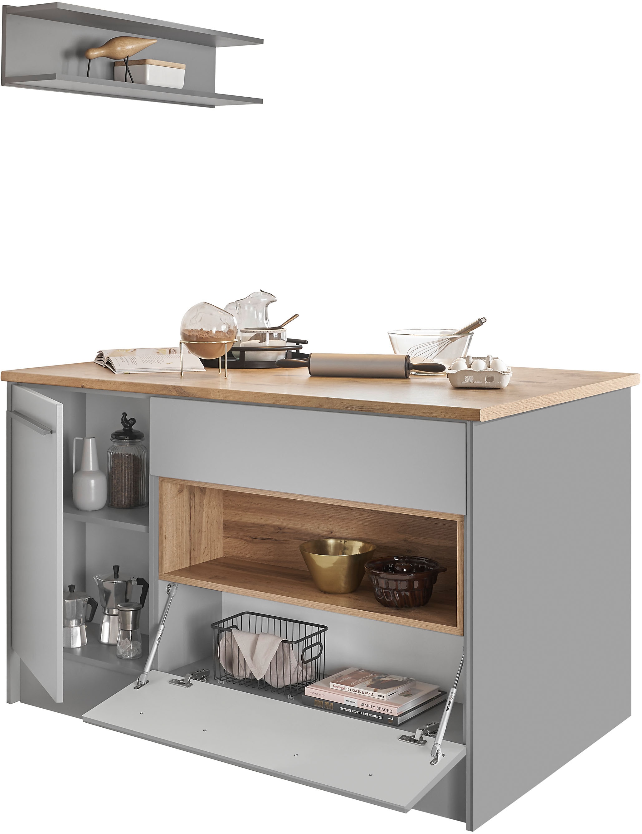 BASIC by Balculina Kücheninsel »Denver, Kochinsel + Küchenregal BxHxT 145 x 90 x 90/BxHxT 90x22x21«, Breite 145 cm, mit Tür, Schubkasten, Klappe und offenem Fach