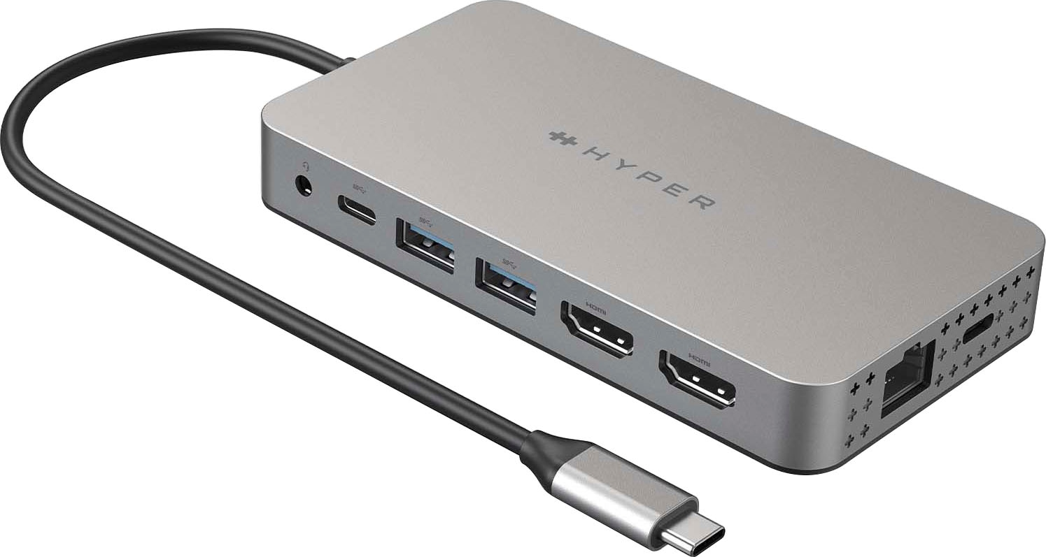 Hyper Adapter »Dual 4K HDMI 10-in-1 USB-C Hub for M1 MacBook«, USB Typ C zu 3,5-mm-Klinke-USB Typ A-USB Typ C-HDMI-RJ-45 (Ethernet)-SD-Card-MicroSD-Card
