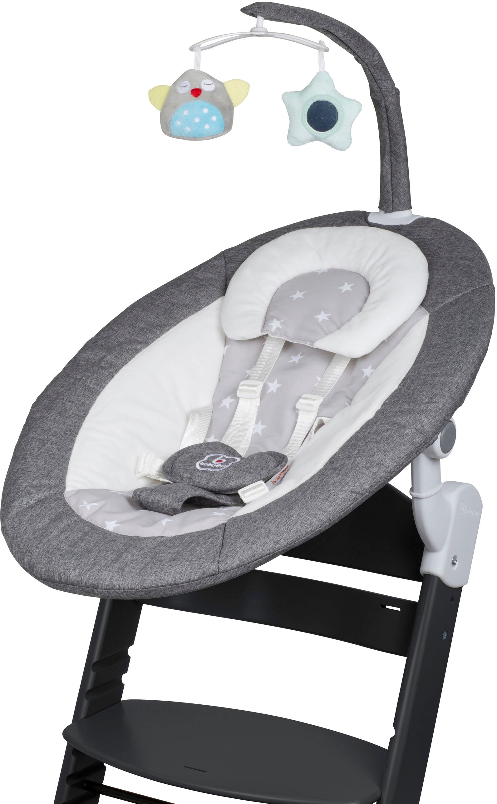 BabyGo Hochstuhl »Family Homey Set, schwarz/hellgrau«, mit elektrischer Babywippe inkl. Spielbogen