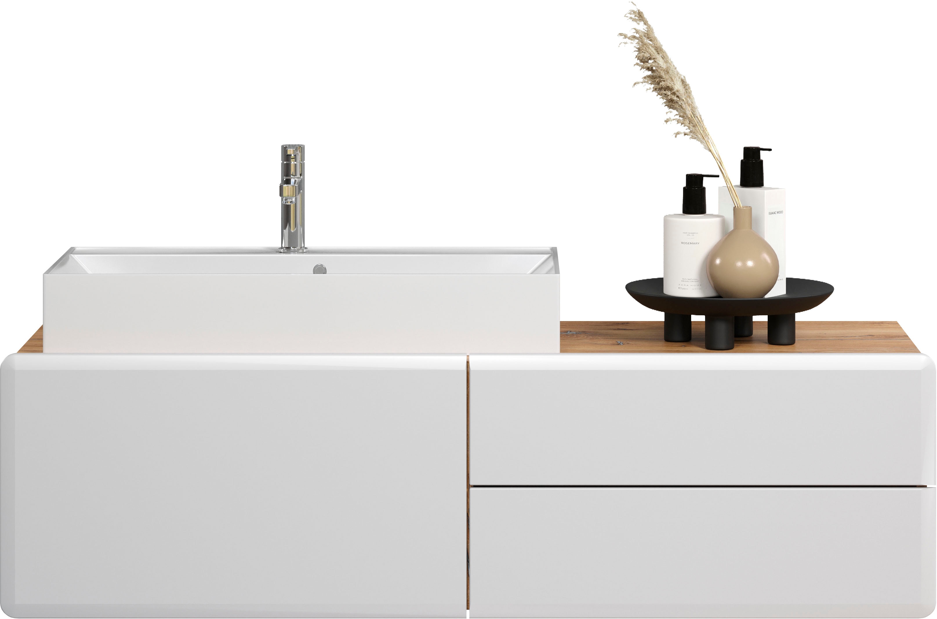 Waschbeckenunterschrank „Sanremo“, (2 St.), Weiß Matt Eiche, B/H/T: 143/40/53 cm, 80 cm Waschbecken inklusive, Eiche Nox Melamin/Weiß Matt Tiefzieh B/H/T: 142 cm x 40 cm x 53 cm