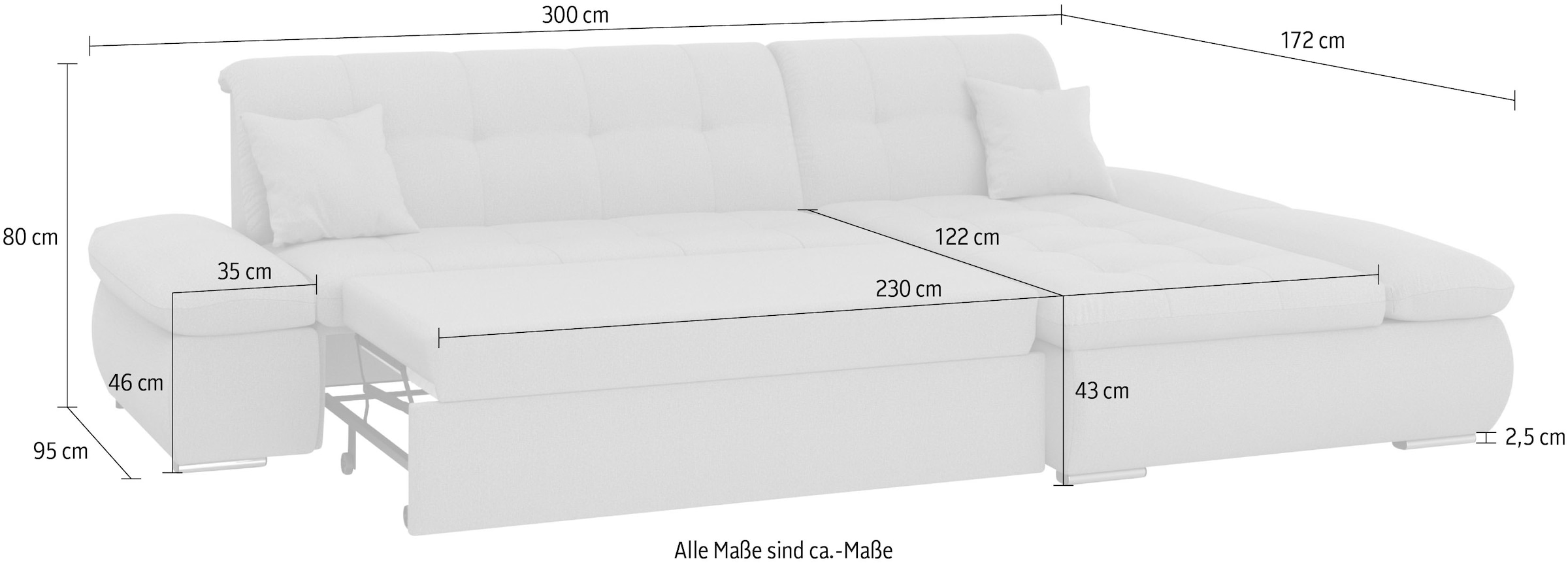 DOMO collection Ecksofa »Moric B/T/H 300/172/80 cm, auch in Cord, L-Form«, XXL-Format, wahlweise auch mit Bettfunktion und Armverstellung