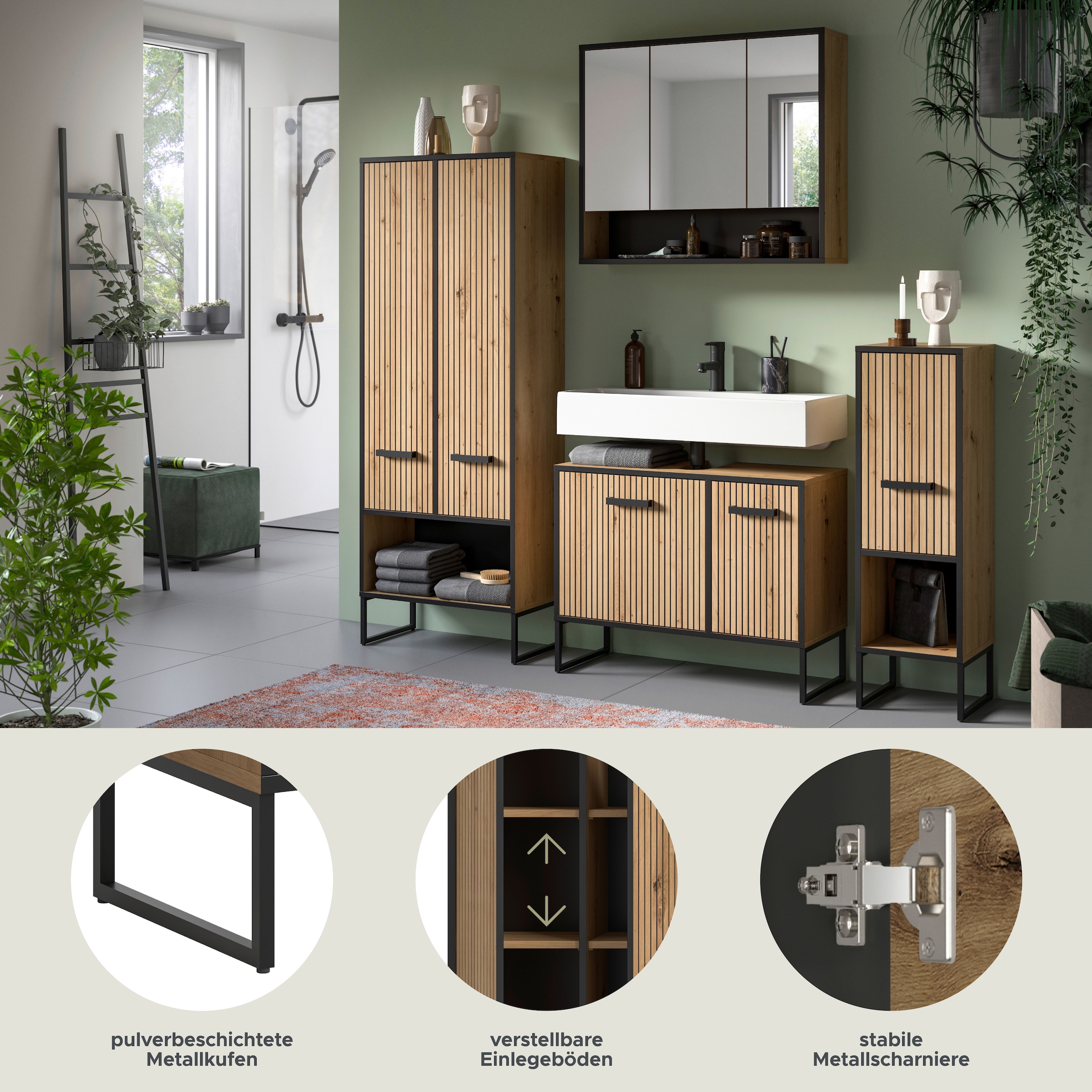 welltime Badmöbel-Set »LOCRI, 4-tlg. Badkombination, Breite 199 cm, Rillenoptik, Metallkufen« bestehend aus: Hochschrank, WBU, Spiegelschrank & Standschrank, 4 Stk. tlg.