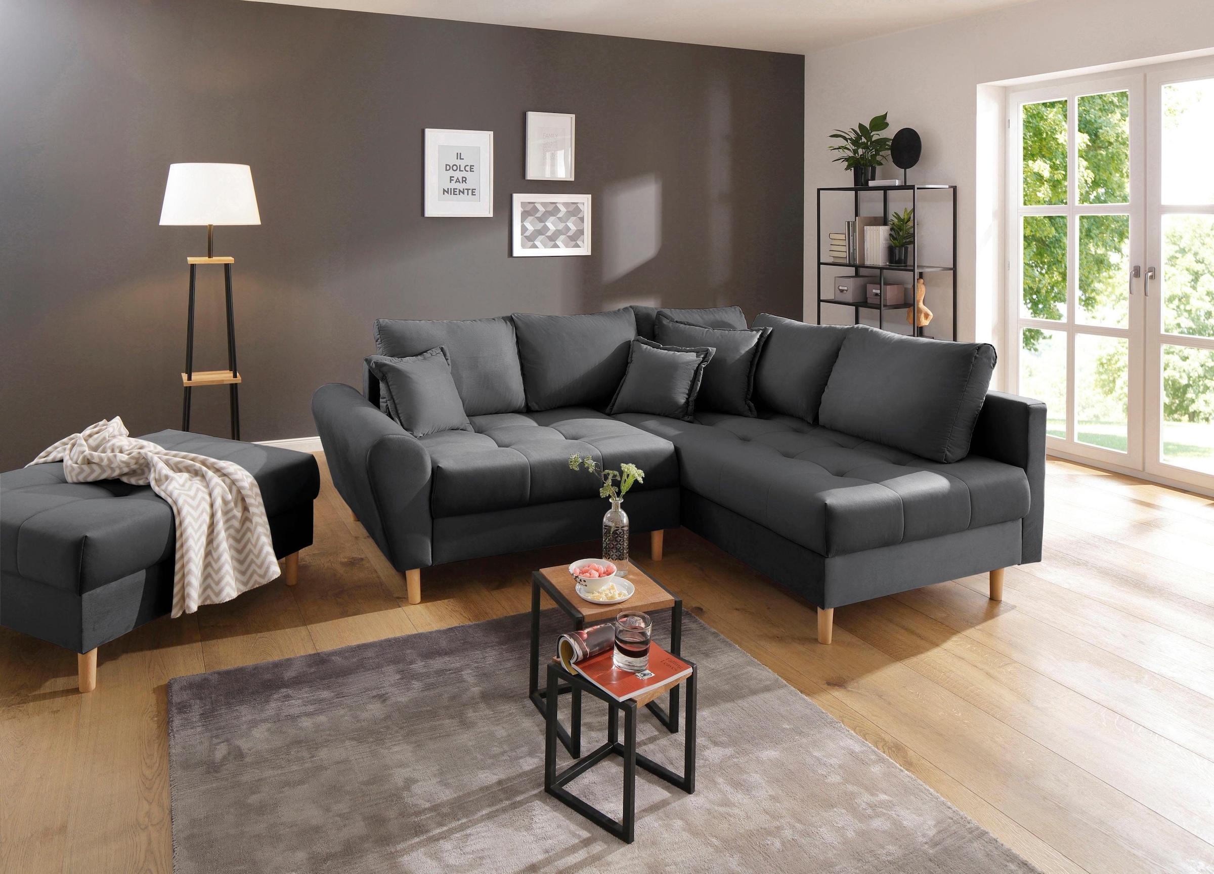 Home affaire Ecksofa »Rice L-Form, B: 223 cm« Set: Sofa & Hocker, mit 3 Zie günstig online kaufen