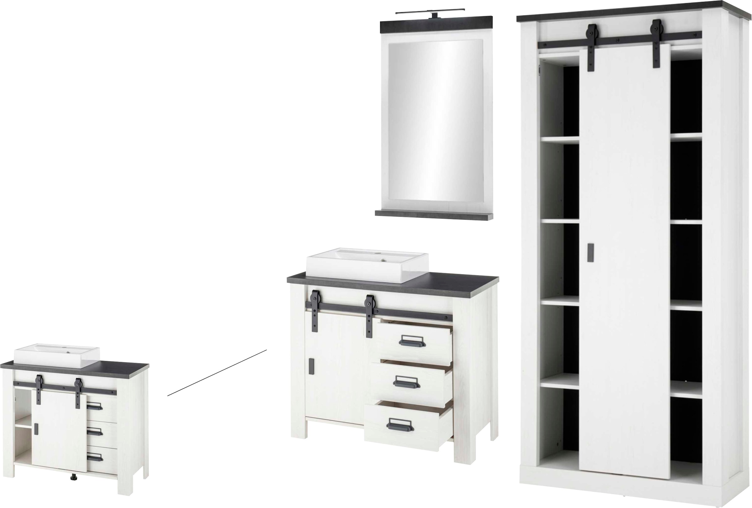 Home affaire Badmöbel-Set »SHERWOOD, Bad im modernen Design, 3-teiliges Badezimmer«, (3 St.), in 2 Farben verfügbar, Scheunentorbeschlag & Apothekergriff aus Metall