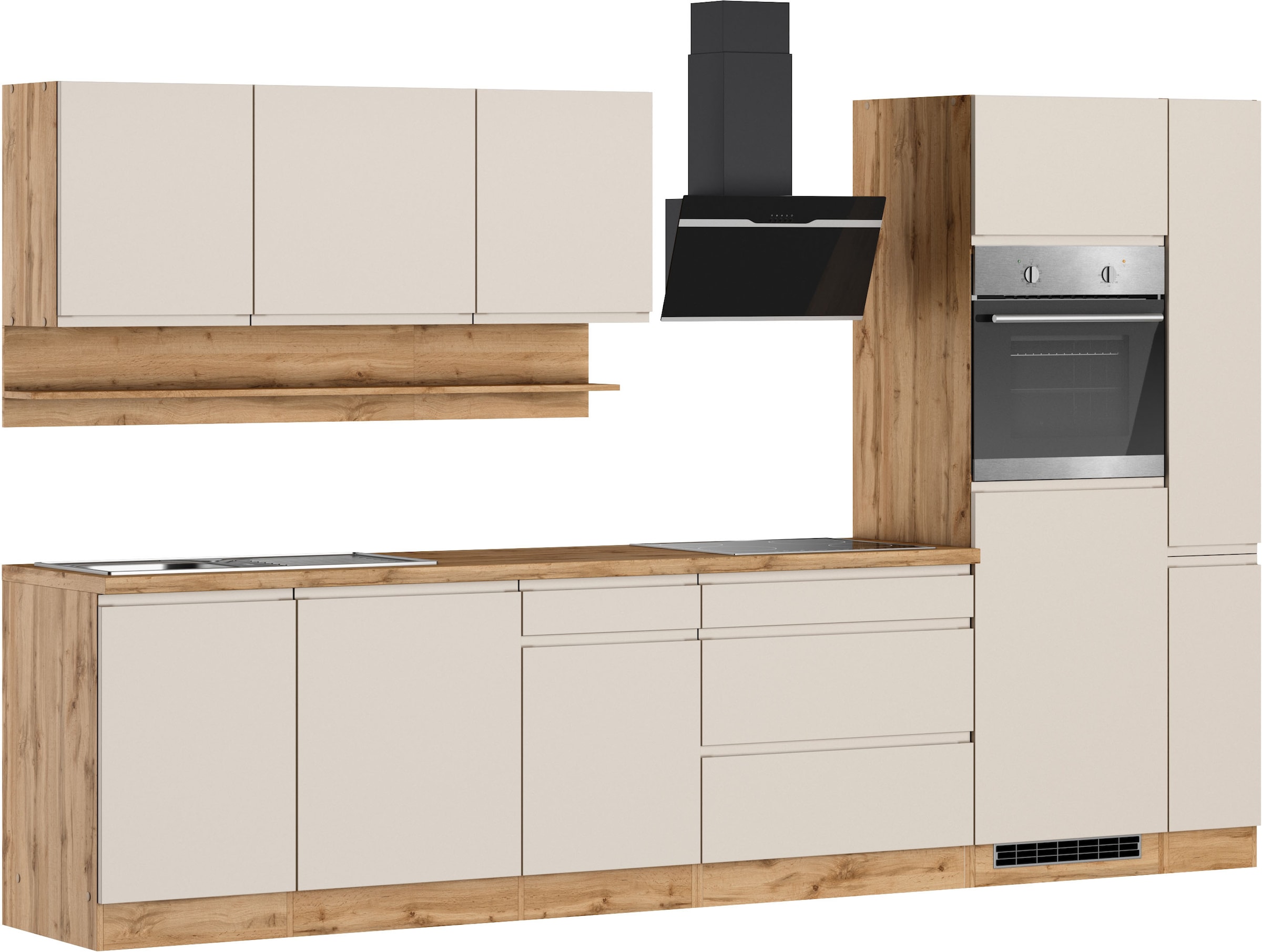 KOCHSTATION Küchenzeile »KS-Virginia,neu in verbesserter Ausführung« Arbeitsplatte 38 mm stark, Stauraum, Softclose,  Breite 330 cm, Soft-Close, ohne E-Geräte
