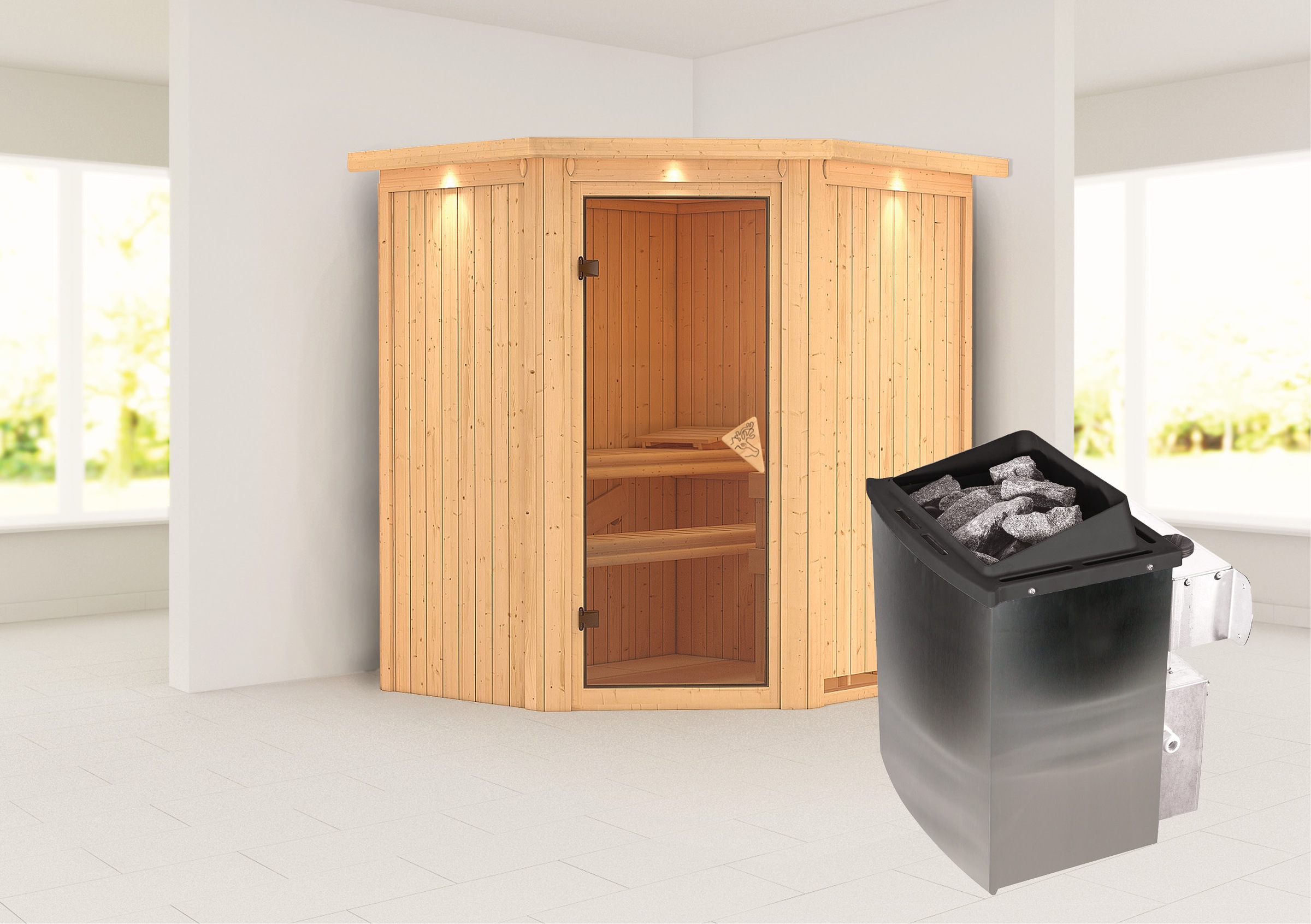 Karibu Sauna »»Liyah« mit bronzierter Tür und Kranz naturbelassen«, in vers günstig online kaufen