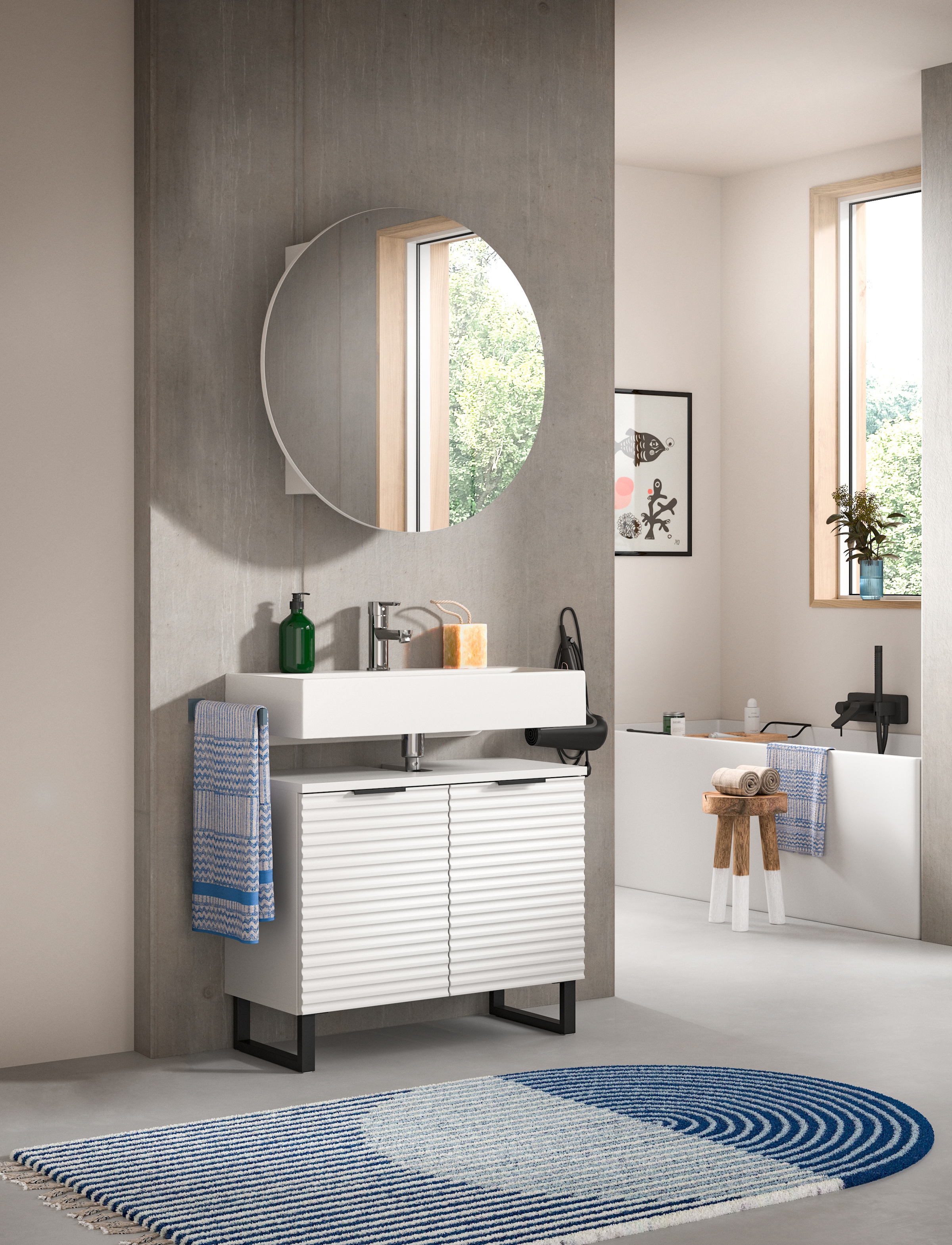 welltime Badmöbel-Set »Litica, Breite 70 cm, hochwertige Rillenfräsung, Metallkufen«, (2 St.), best. aus.: Waschbeckenunterschrank, Spiegelschrank