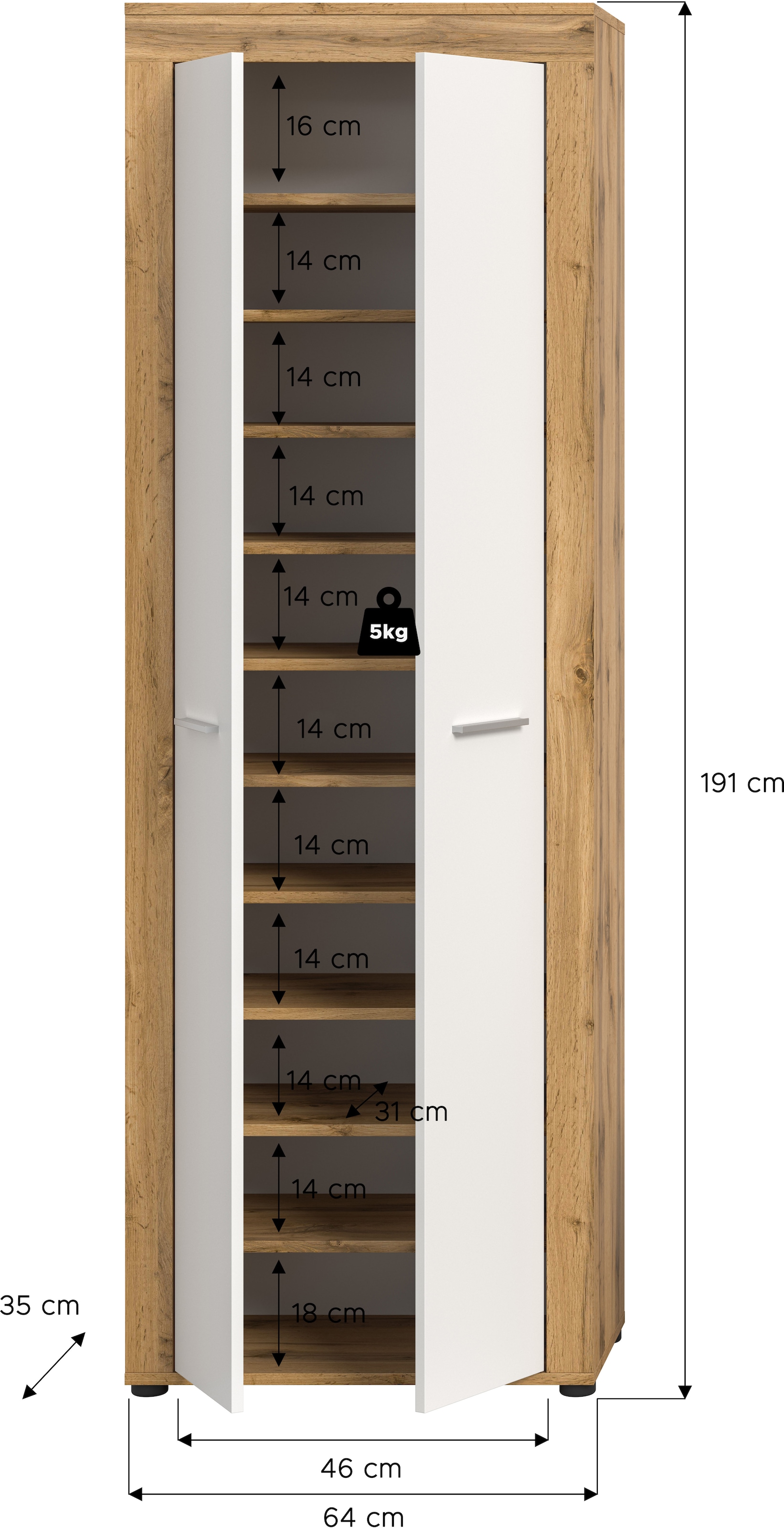 INOSIGN Schuhschrank, (1 St.), Schuhschrank, Höhe 191 cm, 11 Fächer, Garderobenschrank, Flur, Diele