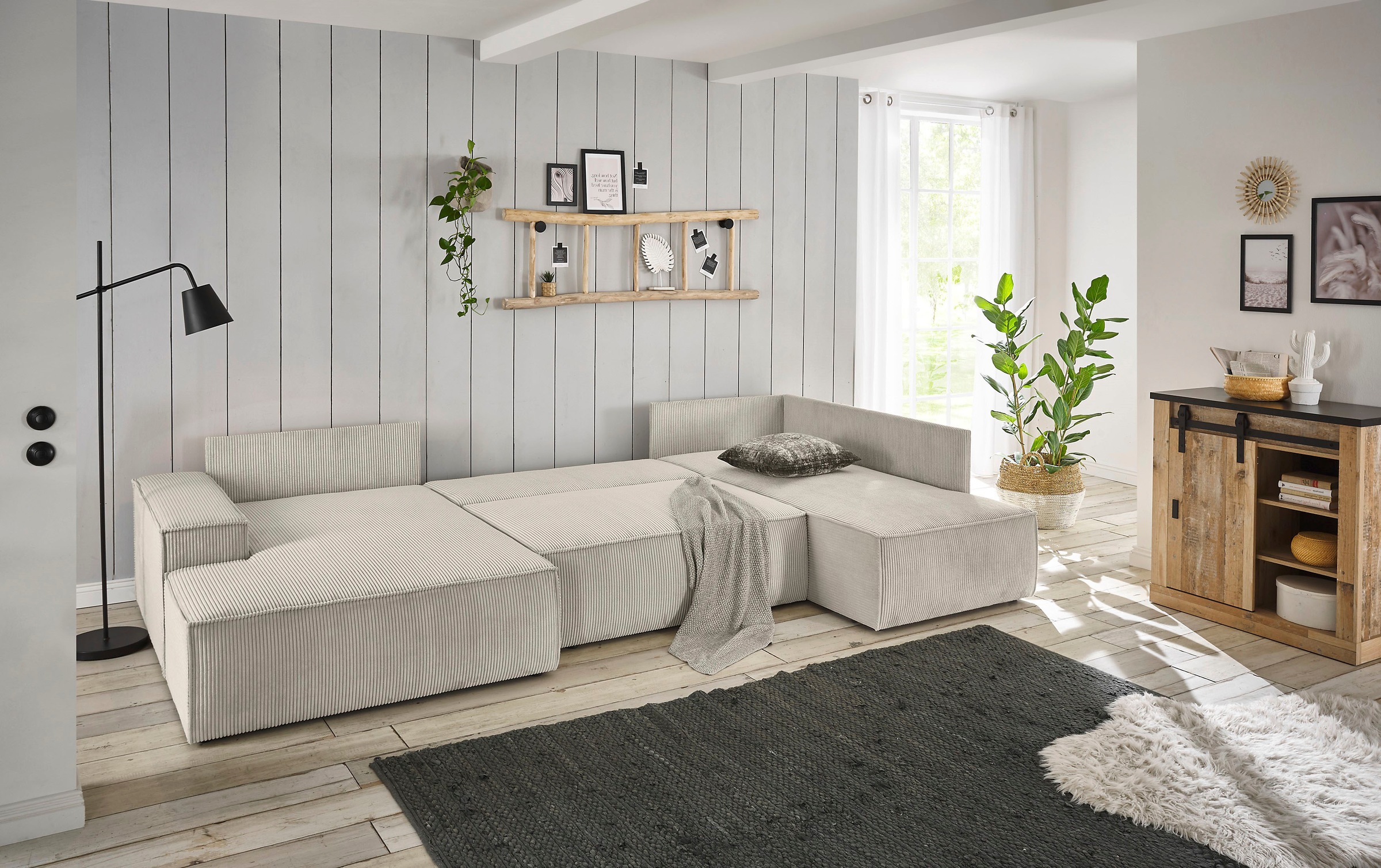 Home affaire Wohnlandschaft »SHERWOOD 329 cm, U-Form, Schlafsofa,«, Schlaffunktion m. Bettkasten (194x139 cm), Cord, Vintage, Samtvelours