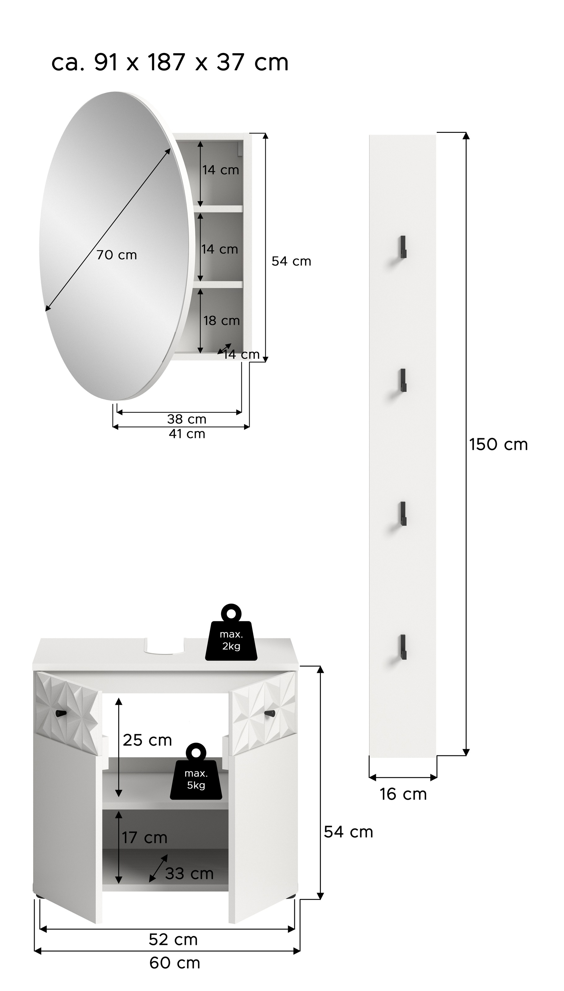INOSIGN Badezimmer-Set »VICENZA, TOPSELLER!, Breite 91cm, 3-teilig, mit Ornamentabsetzung«, (best. aus: Waschbeckenunterschrank, Spiegelschrank und Hakenleiste), Waschbeckenunterschrank, Spiegelschrank und Hakenleiste