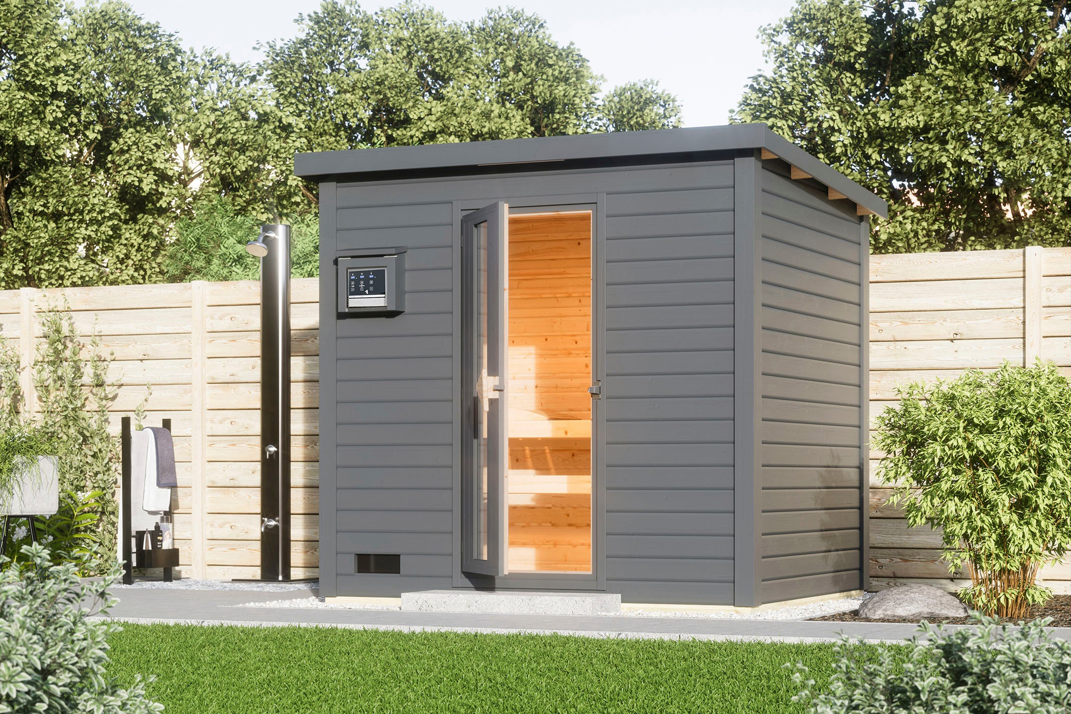 Karibu Saunahaus »Talo 3«, Ofen 9 kW, externe Steuerung, mit Energiespartür günstig online kaufen