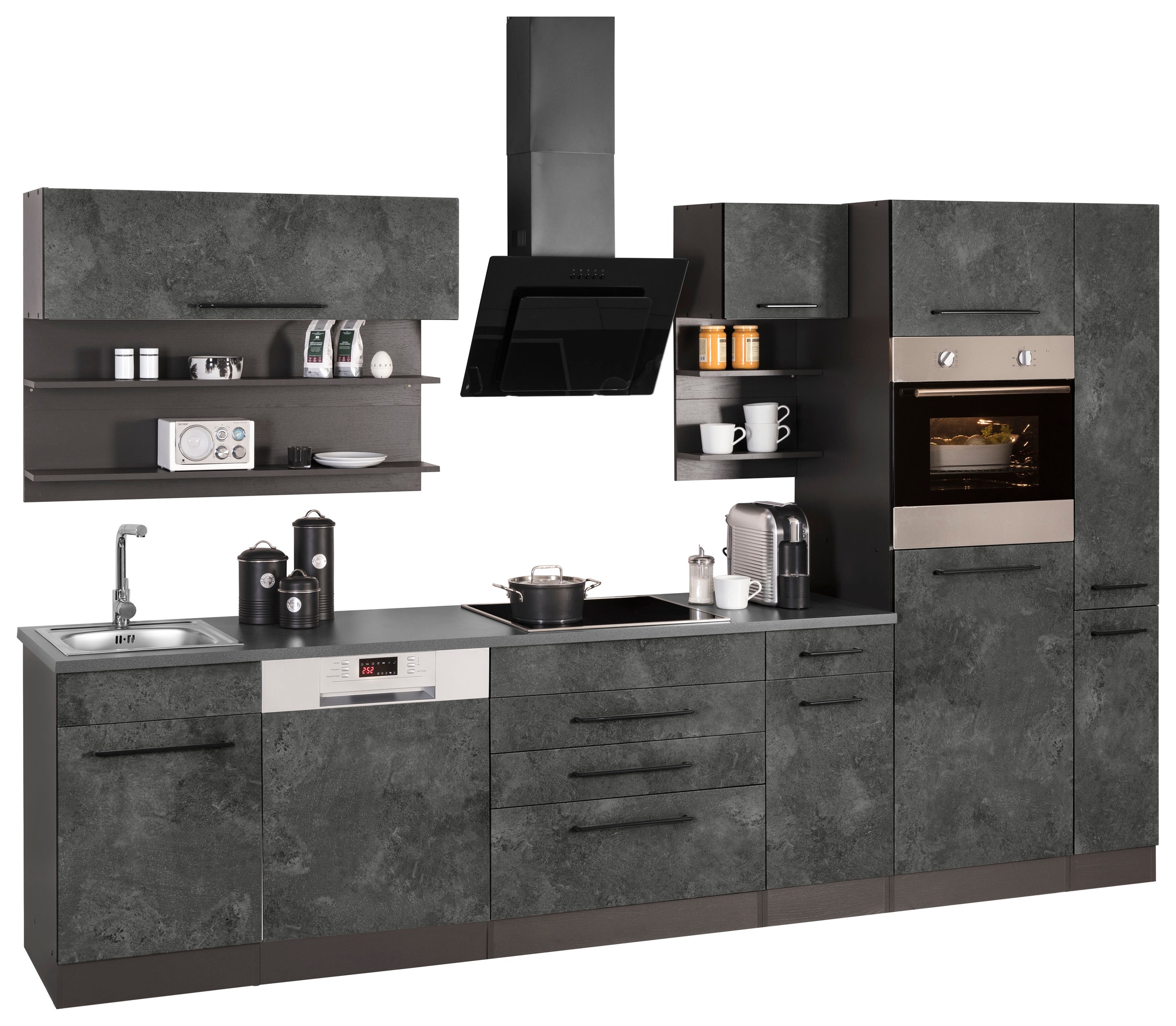 KOCHSTATION Küchenzeile »KS-Tulsa«, mit E-Geräten, Breite 320 cm, schwarze Metallgriffe, MDF Fronten