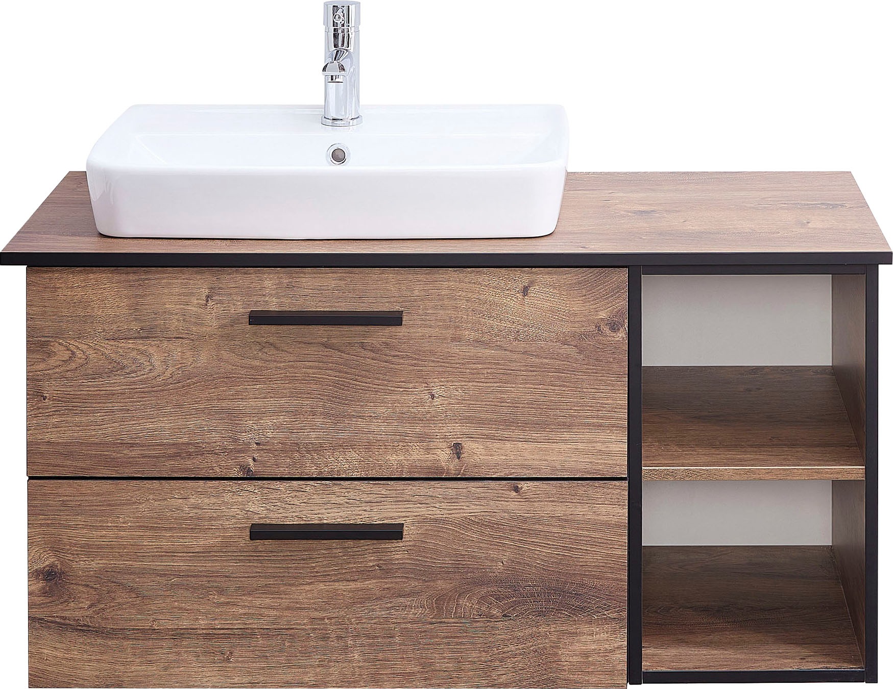 Saphir Badmöbel-Set »Quickset 374 Keramik-Aufsatzwaschtisch mit Unterschrank, 103 cm breit«, (4 St.), Waschplatz mit 2 Schubladen, 2 Fächer, Eiche Ribbeck quer Nachbildung
