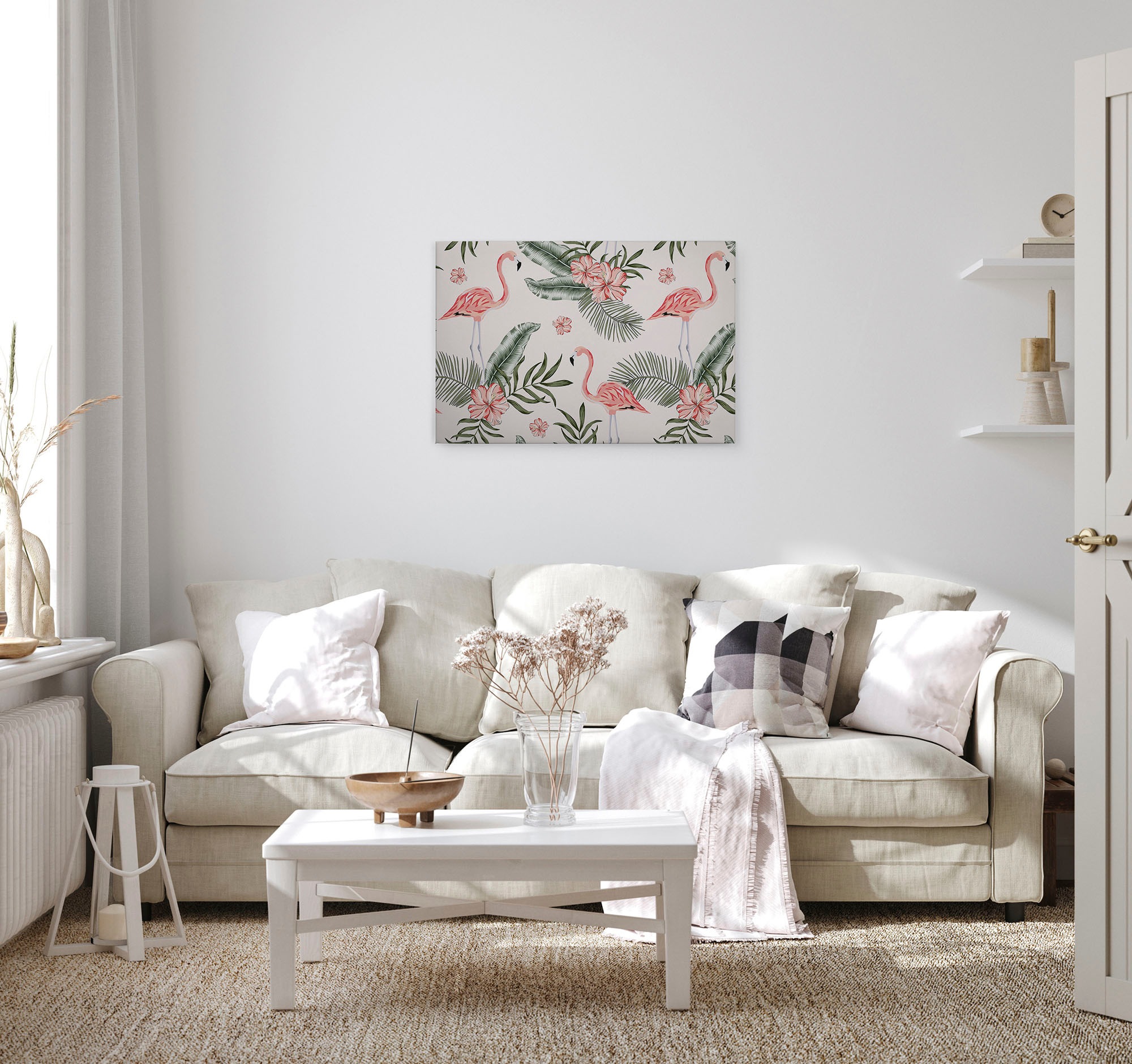 A.S. Création Leinwandbild »Tropical Vibes«, Kunst-Blumen-Kinder, (1 St.), Palmenblätter Flamingo Keilrahmen Leinwand-Bild Wohnzimmer modern Wand
