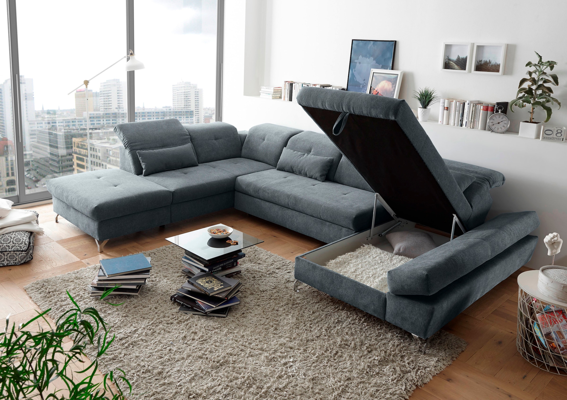 ED EXCITING DESIGN Wohnlandschaft »Melfi U-Form mit Bettfunktion, Bettkasten«, Arm- & Kopfteilverstellung & 3 Nierenkissen