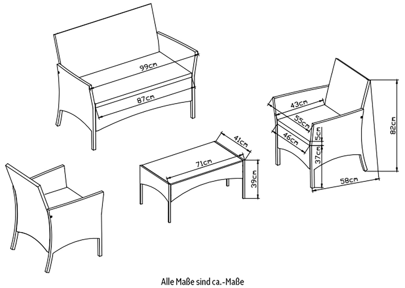 KONIFERA Gartenlounge-Set »Balkonset »Palma«« Set, 1x2er Sofa, 2 Sessel, Tisch 41x71x39 cm, inkl. Auflagen, 7 Stk. tlg. Stahl/Polyrattan