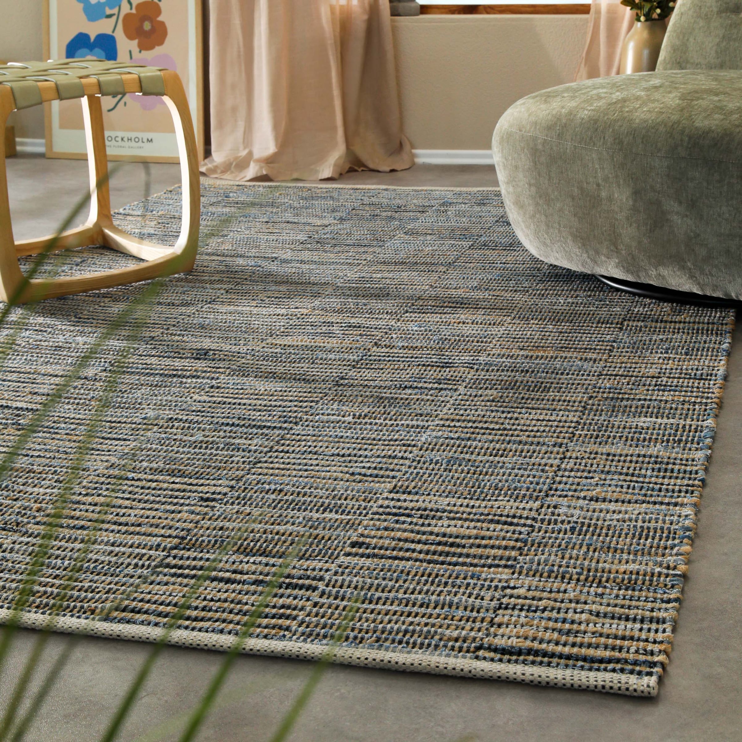 Wecon home Teppich »Denim Blues«, rechteckig, 6 mm Höhe, handgewebt, robust, pflegeleicht, skandi, Natur, Jute, Wohnzimmer