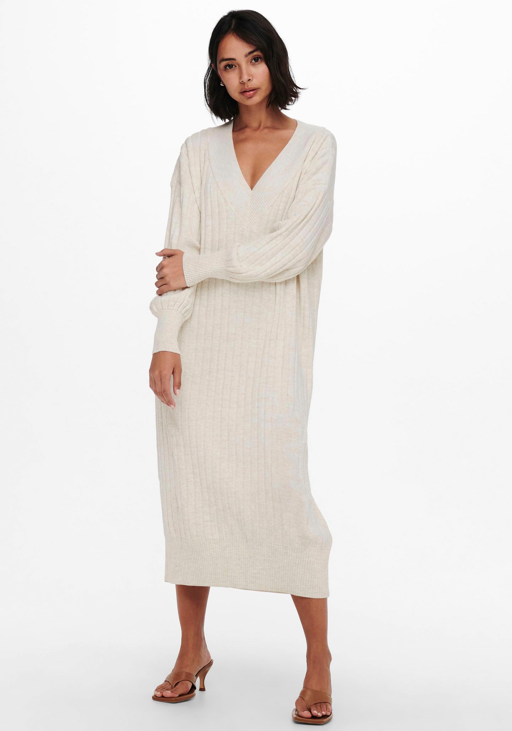 ONLY Strickkleid »ONLNEW TESSA L/S MIDI V DRESS«, mit tiefem V-Ausschnitt mit breiter Blende