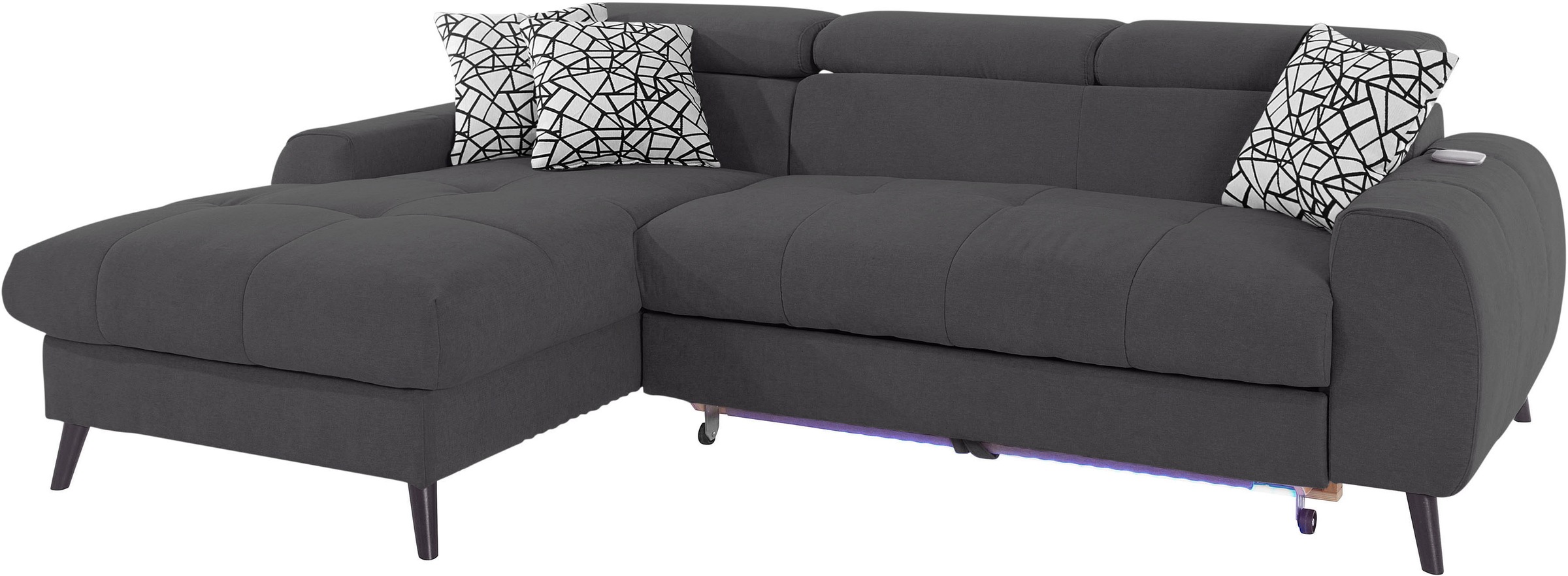 COTTA Ecksofa »Mia L-Form mit 3 Zierkissen«, wahlweise mit Bettfunktion, Bettkasten, Beleuchtung & Wireless-Charger