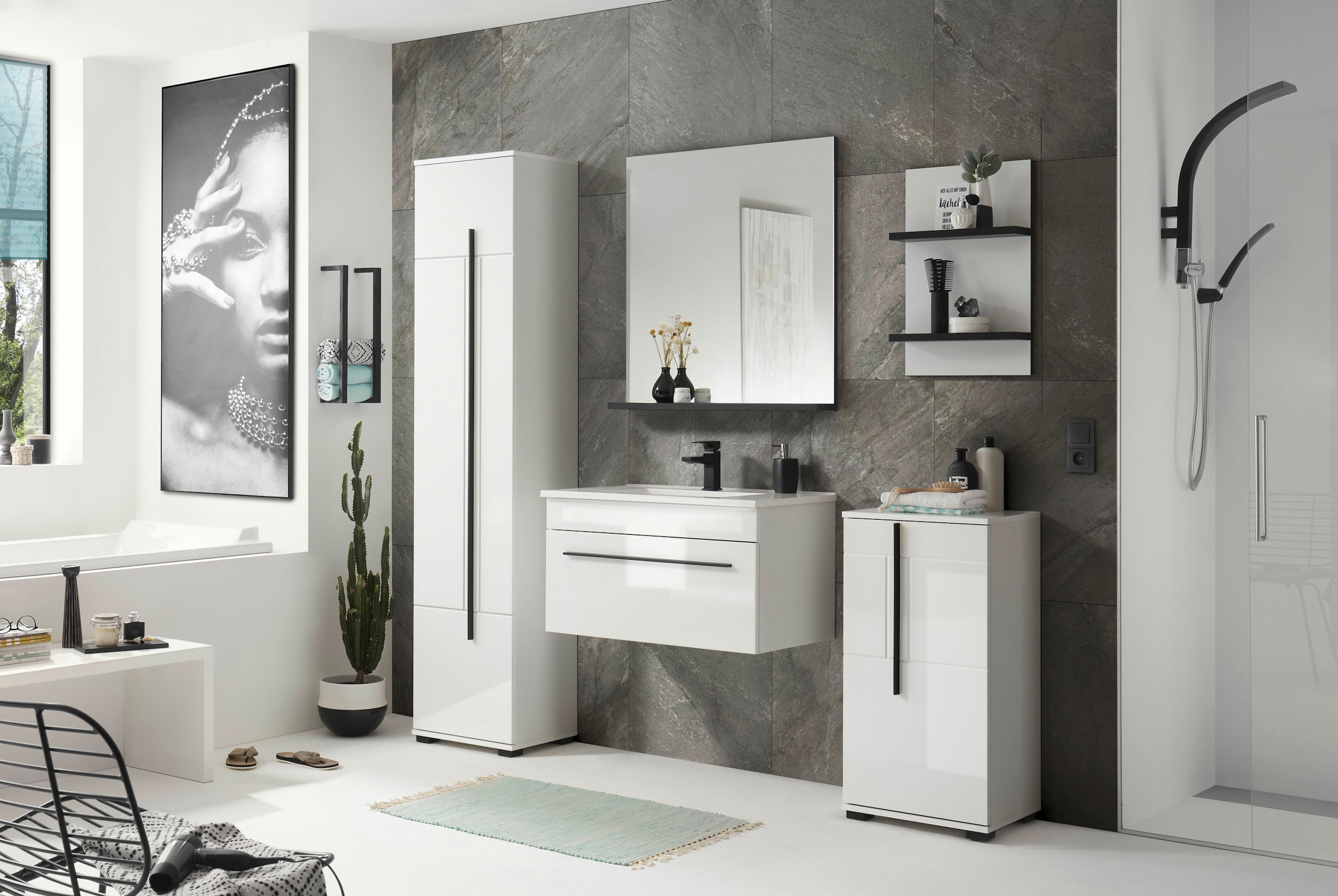 INOSIGN Hochschrank »Cantara, Badschrank in Hochglanz Weiß, Hochschrank im modernen Design«, mit schwarzen Griffen, ausreichend Stauraum