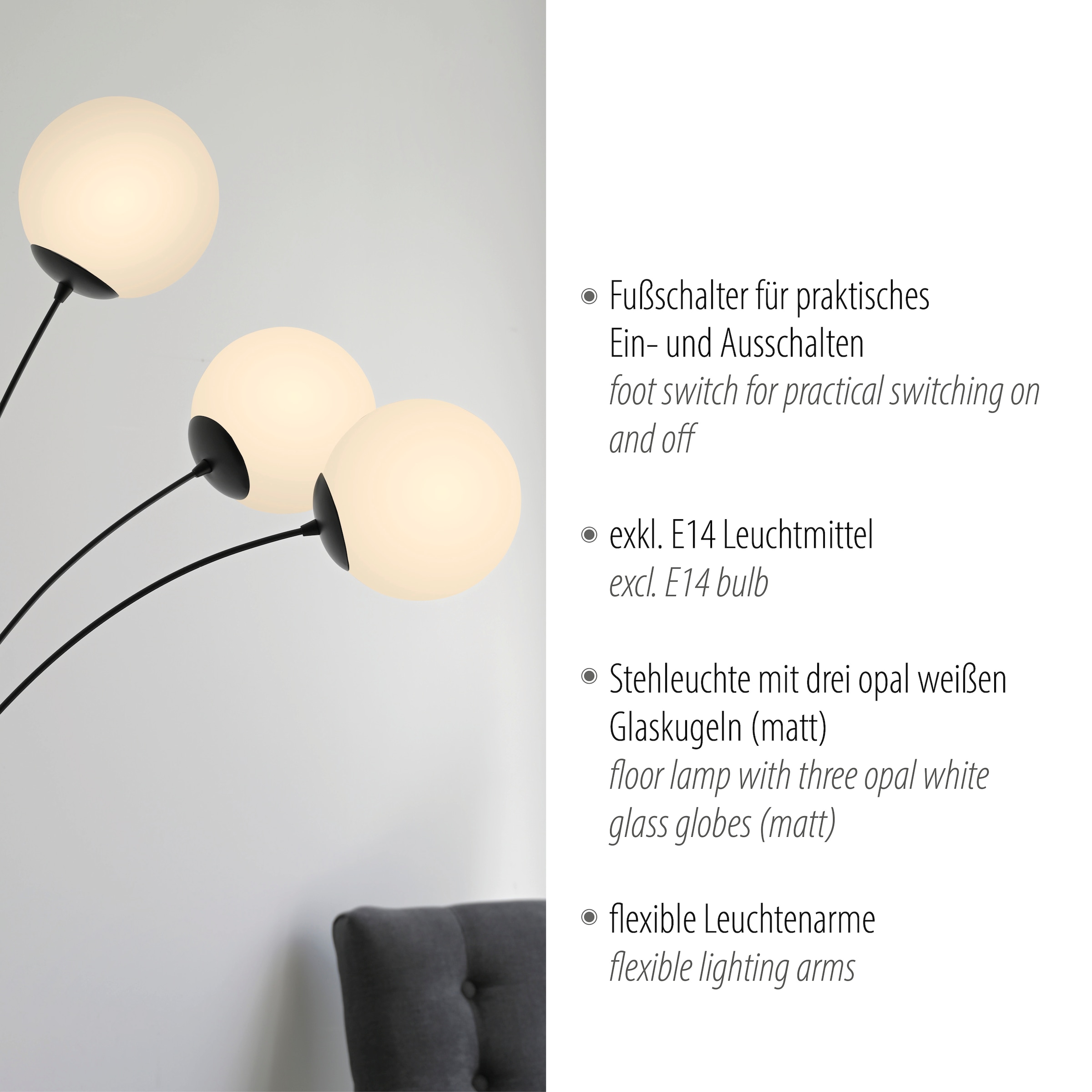 andas Stehlampe »Nymölla«, 3 flammig, Leuchtmittel E14 | ohne Leuchtmittel, Stehleuchte mit großen Glaskugeln amberfarben oder opal matt weiß