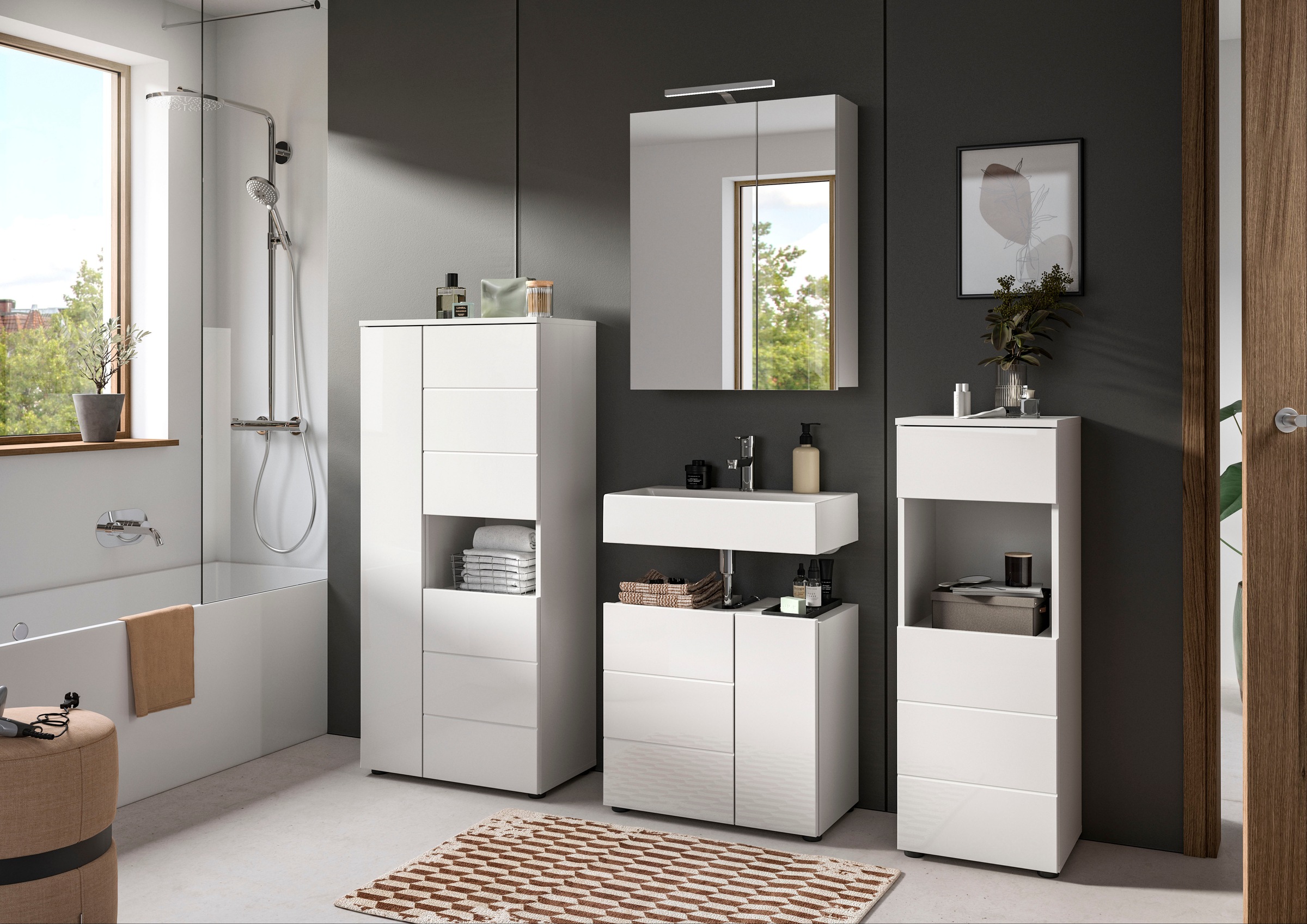 welltime Badmöbel-Set »Biel, Höhe 190 cm,Hochschrank,WBU, Spiegelschrank, Unterschrank, Lampe«, (5 St.), Bad Set, modernes Design, Unterschrank, Spiegel, Aufsatzleuchte