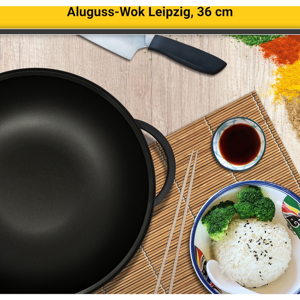 Krüger Wok »Aluguss Wok mit Glasdeckel LEIPZIG, 36 cm«, Aluminiumguss, (1 tlg.)