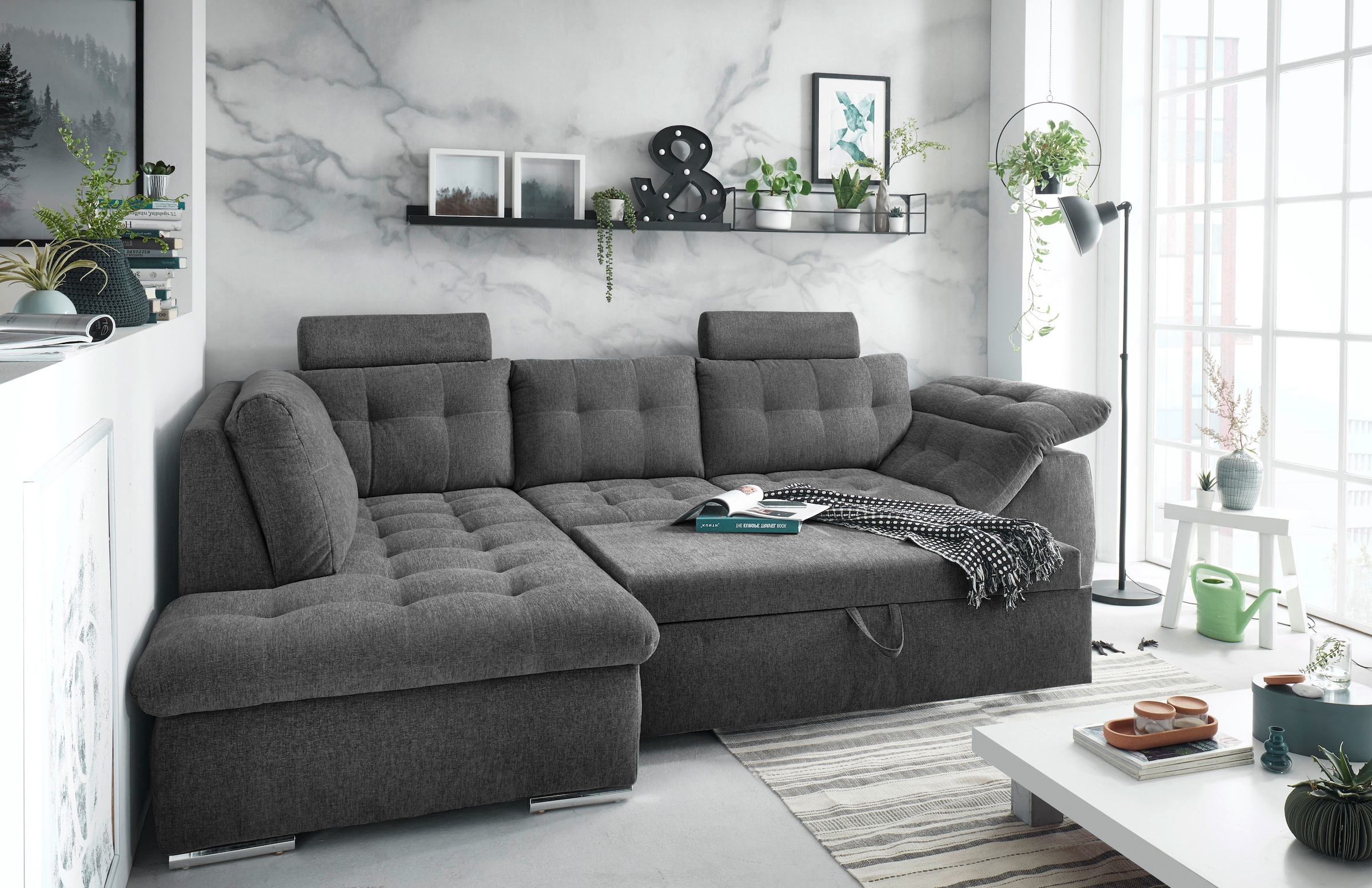 ED EXCITING DESIGN Ecksofa Oman, mit Bettfunktion, Bettkasten, Armteilverstellung und  Kopfstützen