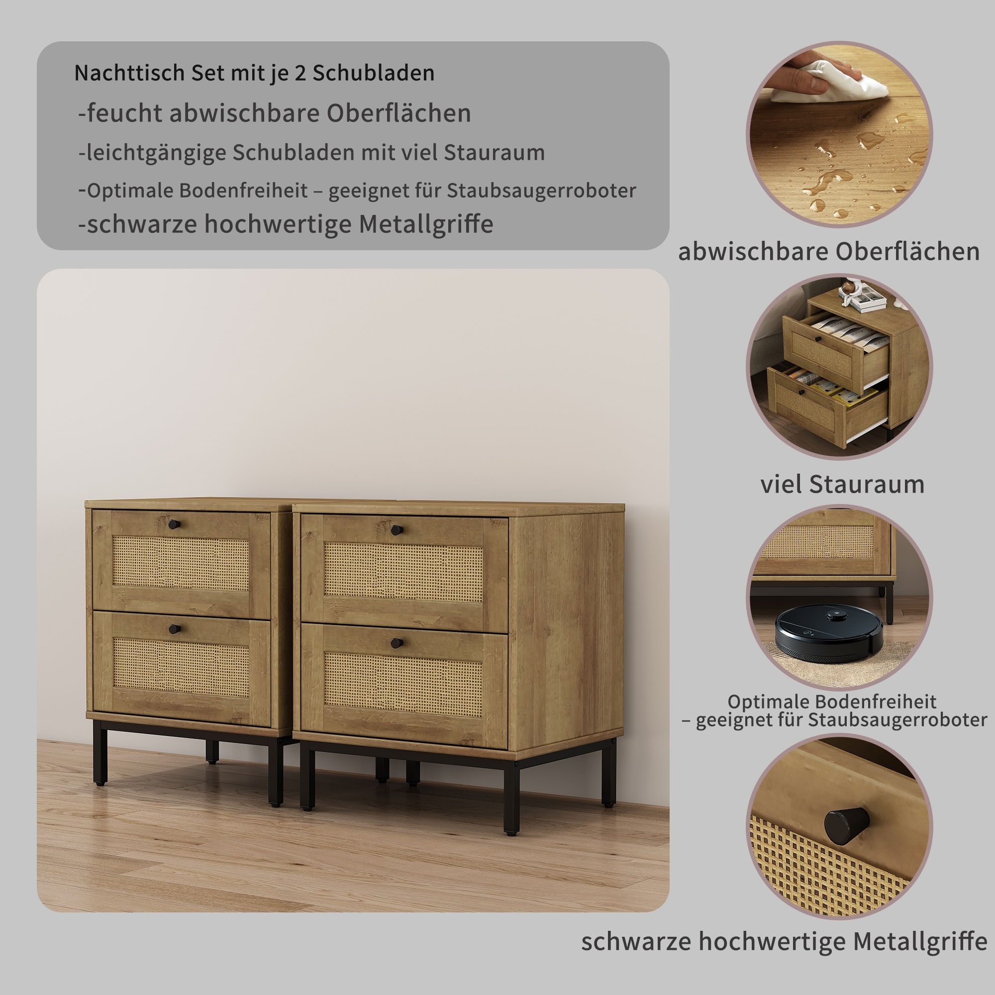 OTTO home Nachtkommode »Motala Nachtschrank Set BOHO Style mit Geflecht Schubladen Bestseller« Set, 2 Schränke im Set - Eichen-Design mit schwarzen Griffen, 