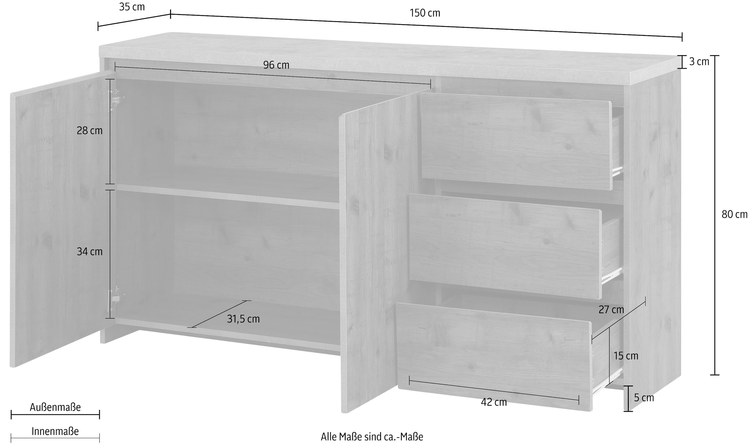 Home affaire Sideboard »Maribo«, Kommode im modernen Landhaus-Stil, mit Betontopplatte, Breite 150 cm