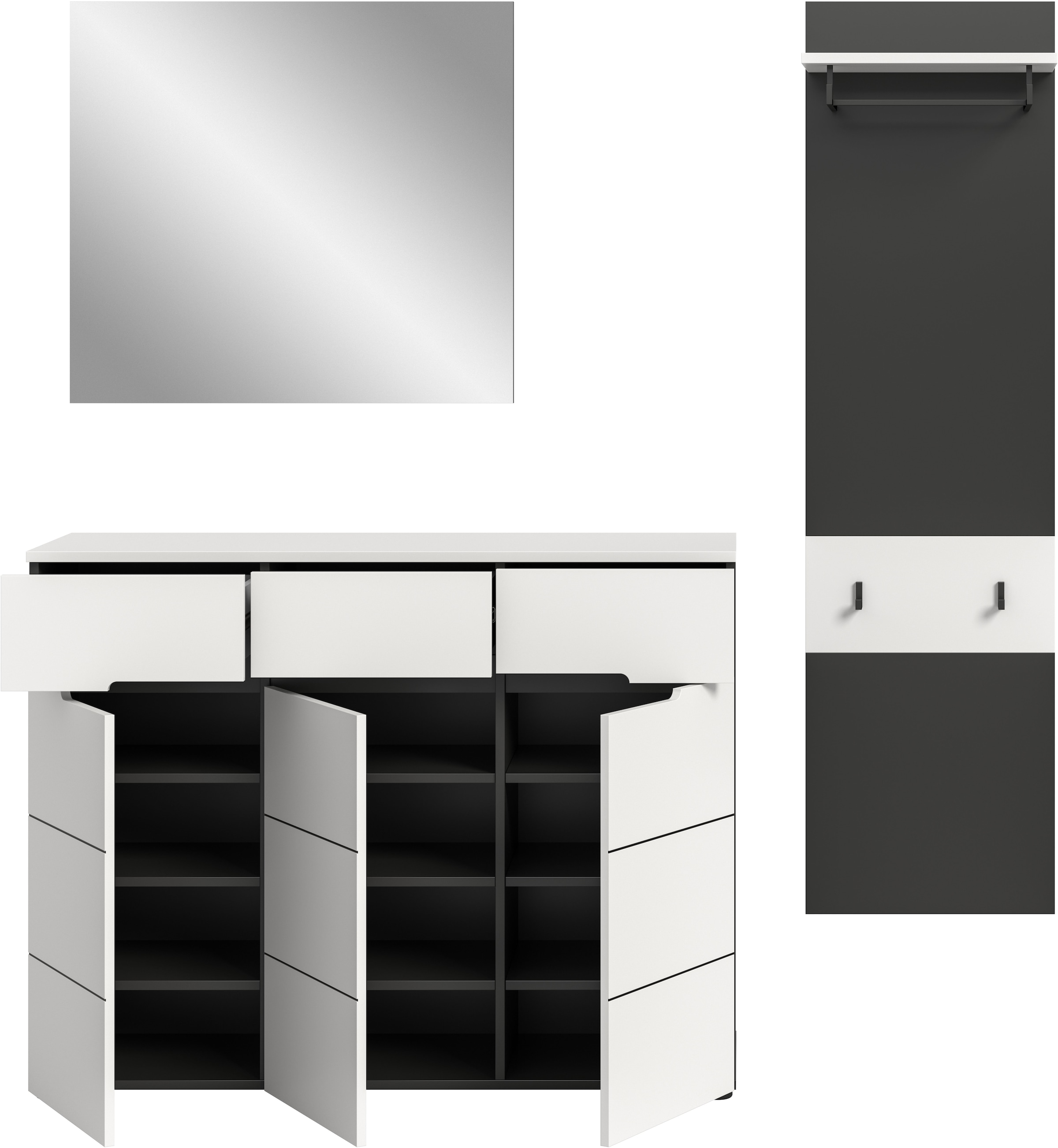 INOSIGN Garderoben-Set, (Set, 3 St., bestehend aus: Kommode, Spiegel und Garderobenpaneel), Garderobenkombination, Kombination, Set, Flurgarderobe, Diele