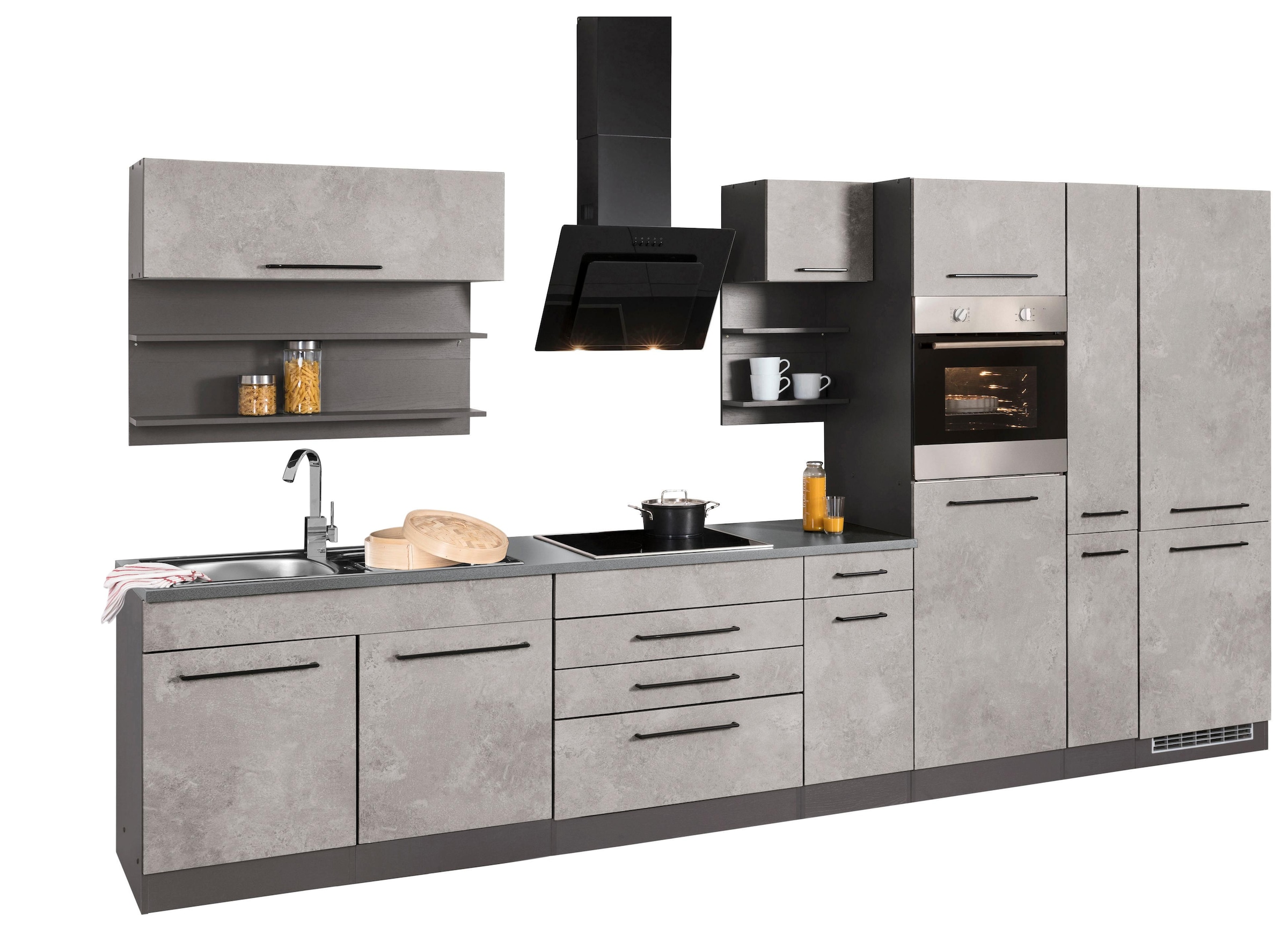 KOCHSTATION Küchenzeile »KS-Tulsa«, mit E-Geräten, Breite 380 cm, schwarze Metallgriffe, MDF Fronten