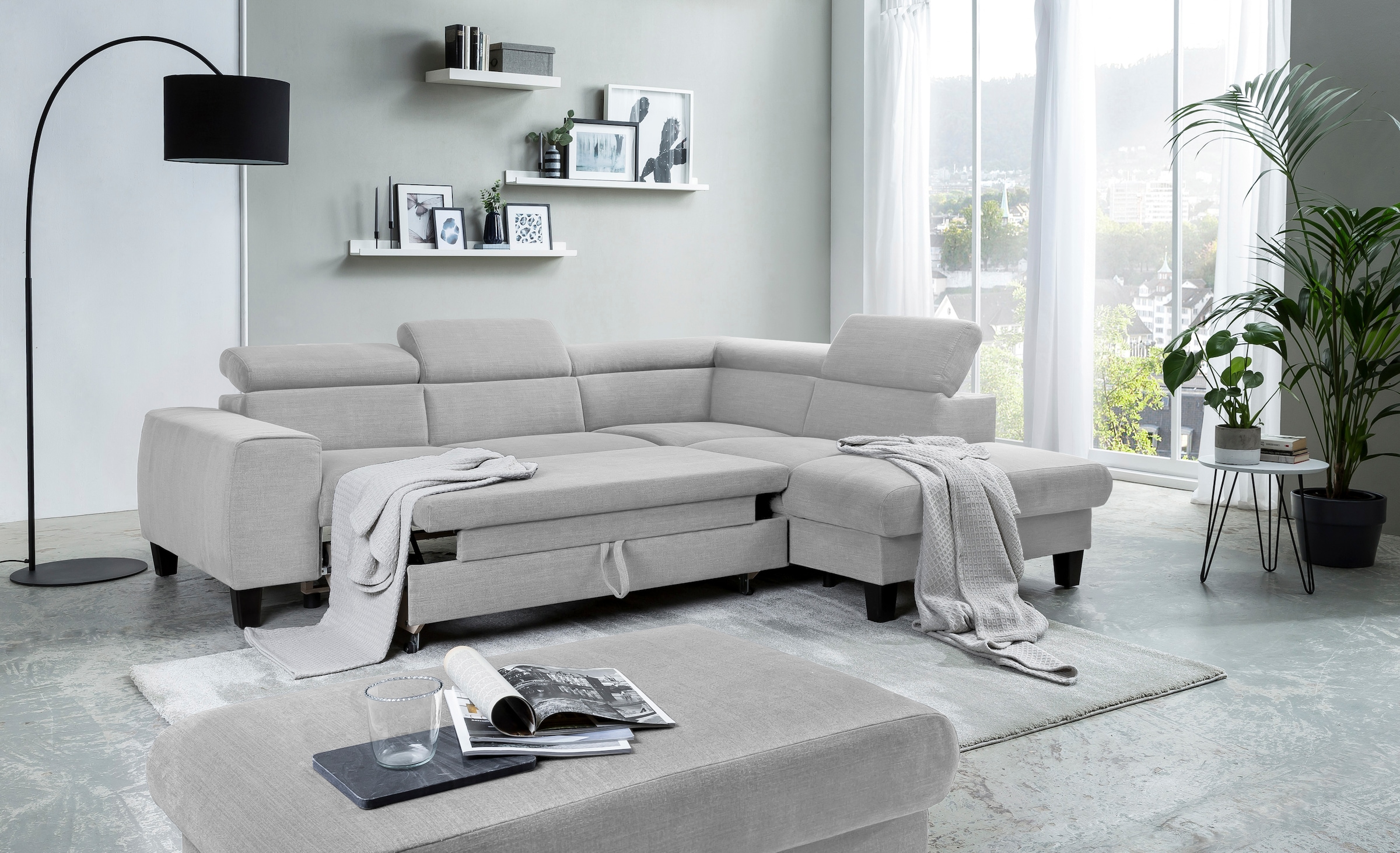 COTTA Ecksofa »Morven L-Form mit Kopfteilverstellung«, wahlweise mit Bettfunktion, Bettkasten & Wireless-Charger
