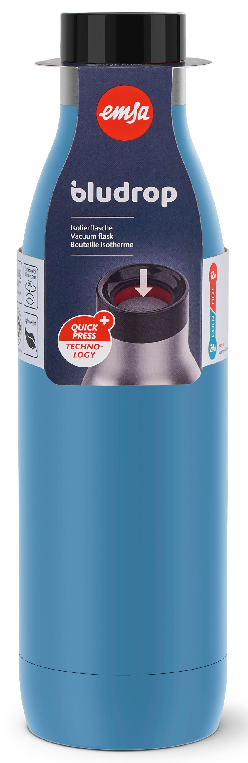 Emsa Isolierflasche »Trinkflasche Bludrop«, (1 tlg.), Edelstahl, Quick-Press Deckel, 360° Trinkgenuss, 12h warm/24h kühl