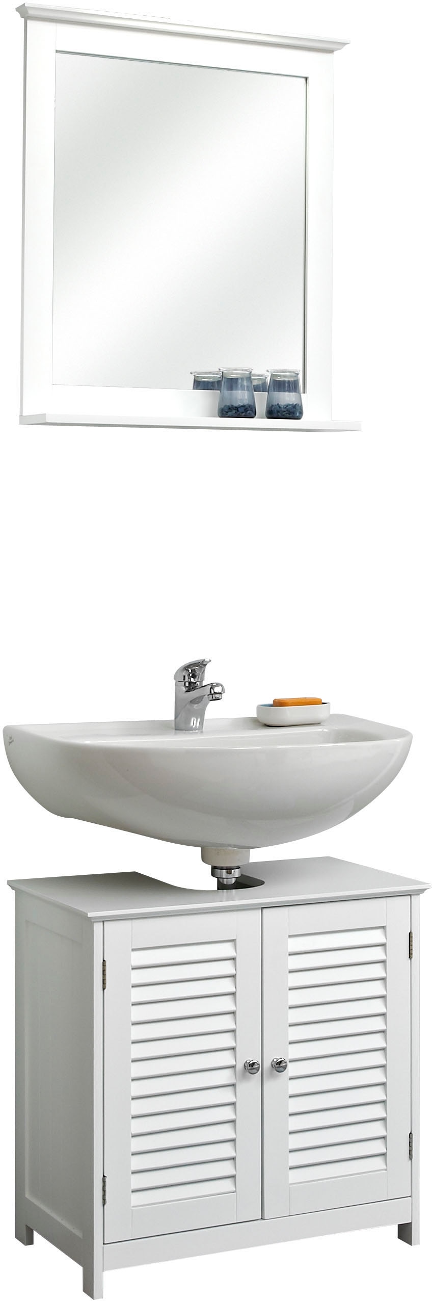 Saphir Badmöbel-Set »Quickset 928 2-teilig, Waschbeckenunterschrank mit Spiegel«, (2 St.), Waschplatz 60cm breit, 2 Türen, Landhaus-Stil, Knopfgriffe, Weiß Glanz