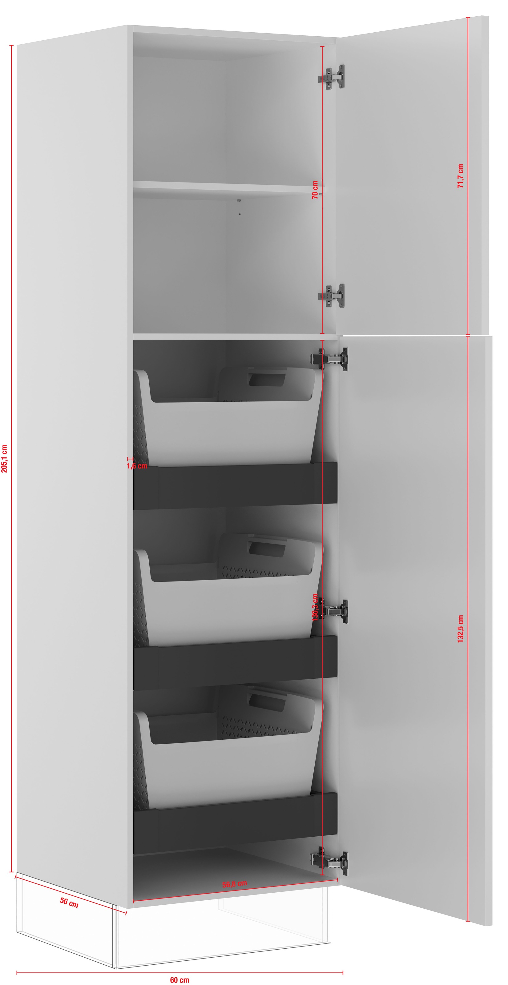 IMPULS KÜCHEN Wäscheschrank »"Turin", Breite/Höhe: 60/205,1 cm, mit Wäschekörben, mit Drehtüren«, vormontiert, mit Innenschubkästen, mit verstellbarem Fachboden