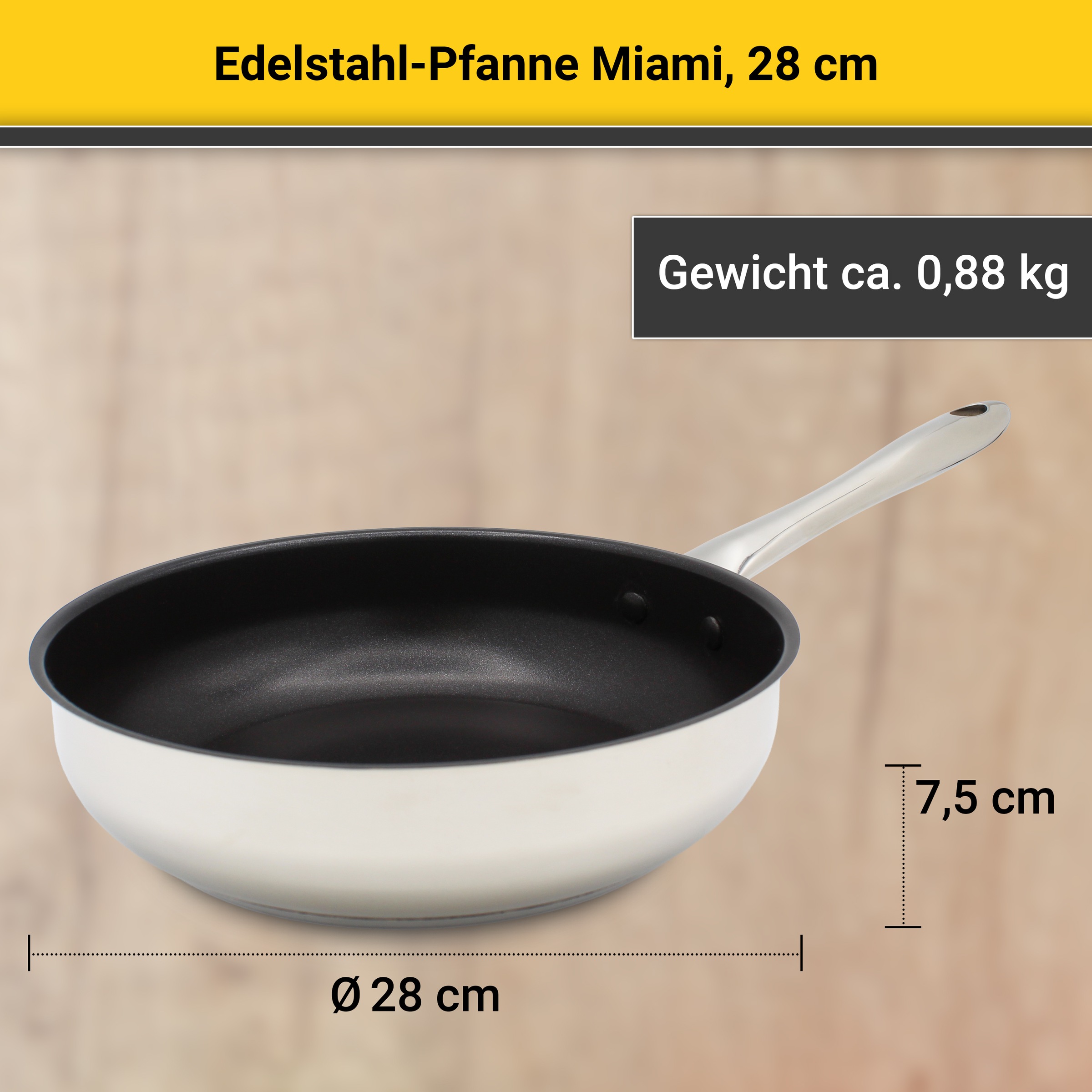 Krüger Bratpfanne »Edelstahl Pfanne Miami, Ø 28 cm« Edelstahl 1 Stk. tlg. mit Antihaft-Versiegelung, backofenfest bis 180°C