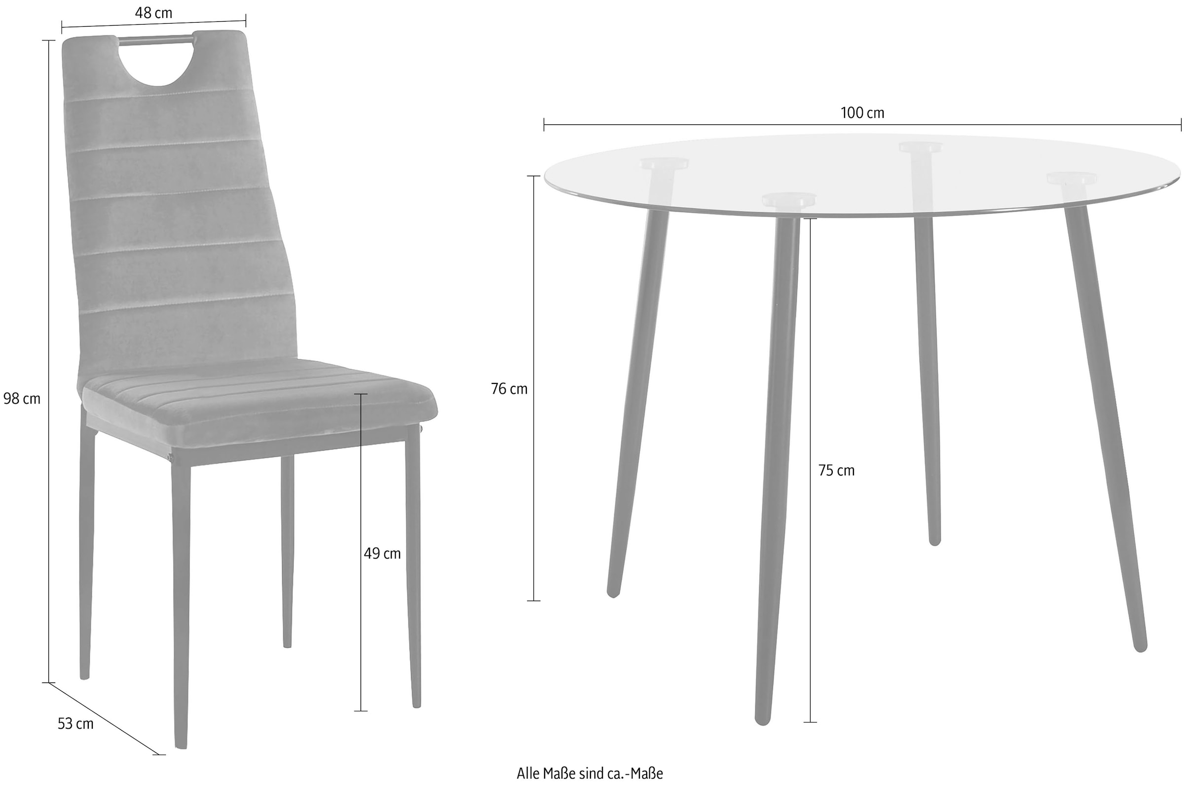 5 INOSIGN Esszimmerstühlen, 100 Samtstoff Bezug und auf (Set, aus Rechnung cm tlg.), Essgruppe, runder Glastisch, bestellen Ø 4