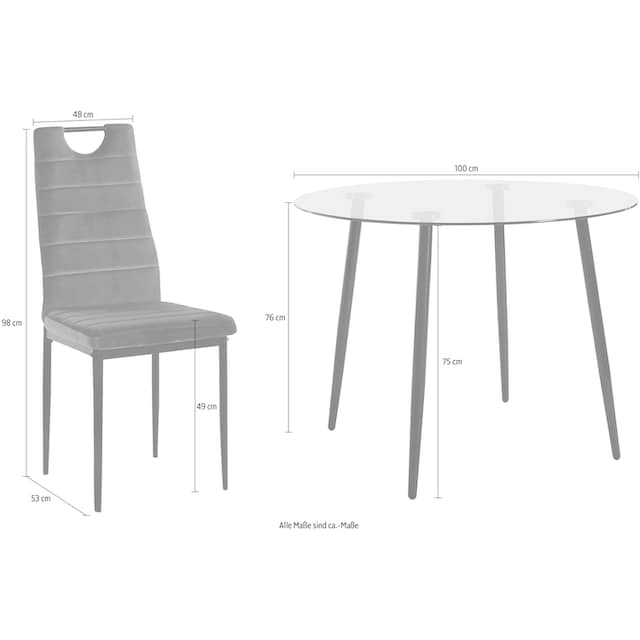 INOSIGN Essgruppe, (Set, 5 tlg.), runder Glastisch, Ø 100 cm und 4  Esszimmerstühlen, Bezug aus Samtstoff auf Rechnung bestellen
