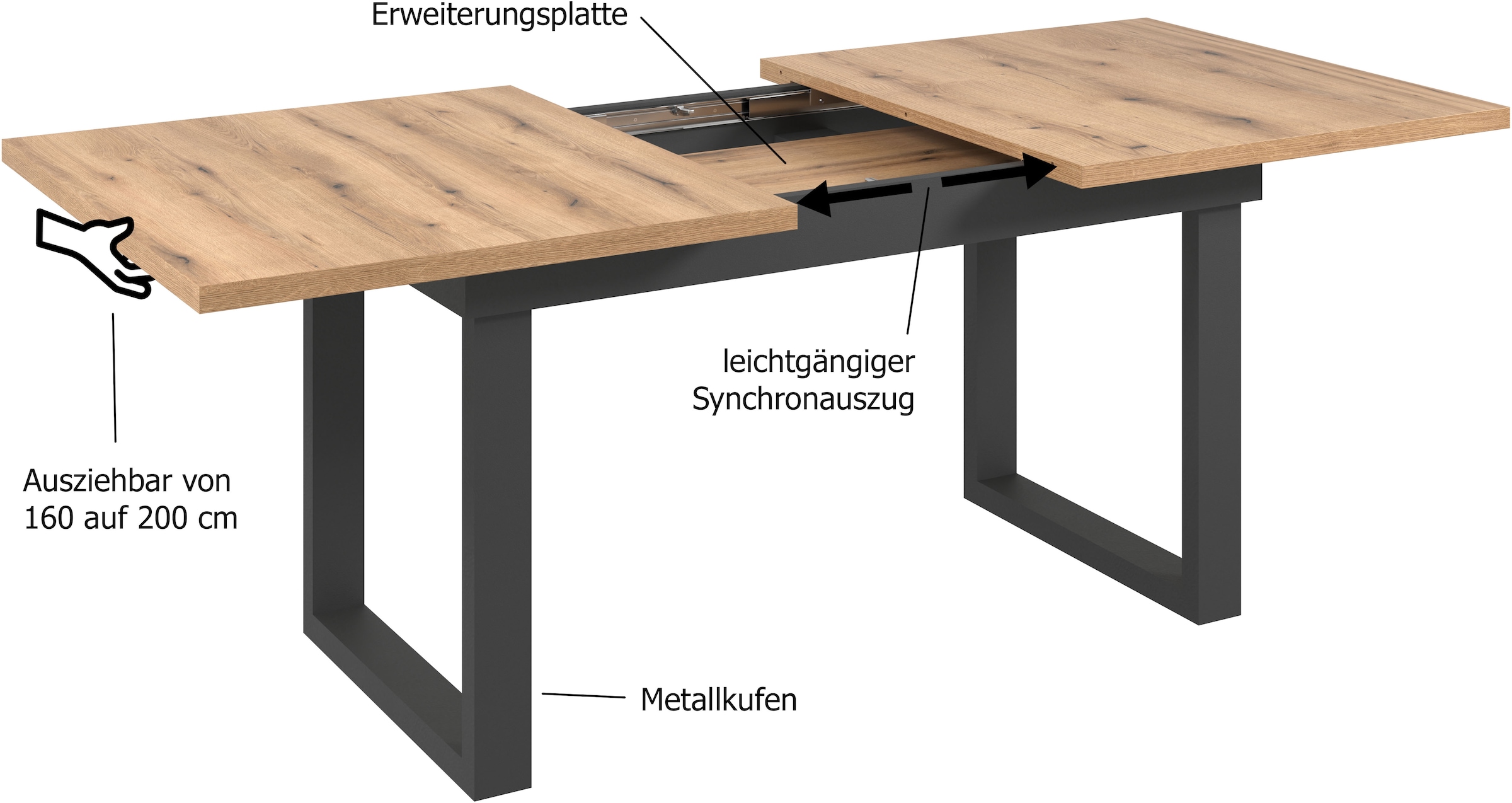 INOSIGN Esstisch »Valencia«, Synchroauszug; Metallkufen, ausziehbar auf 200 cm