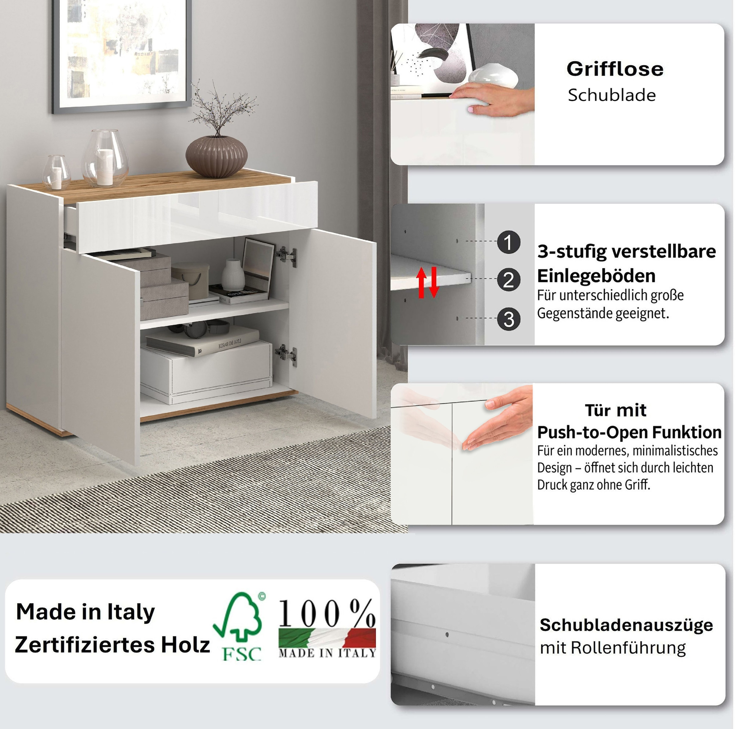 INOSIGN Sideboard »Garda, Kommode, Schrank, 2 Türen, 1 Schublade, Made in Italy« Hochglanzlackierte Fronten, Korpus matt, grifflos, Breite 80,9 cm