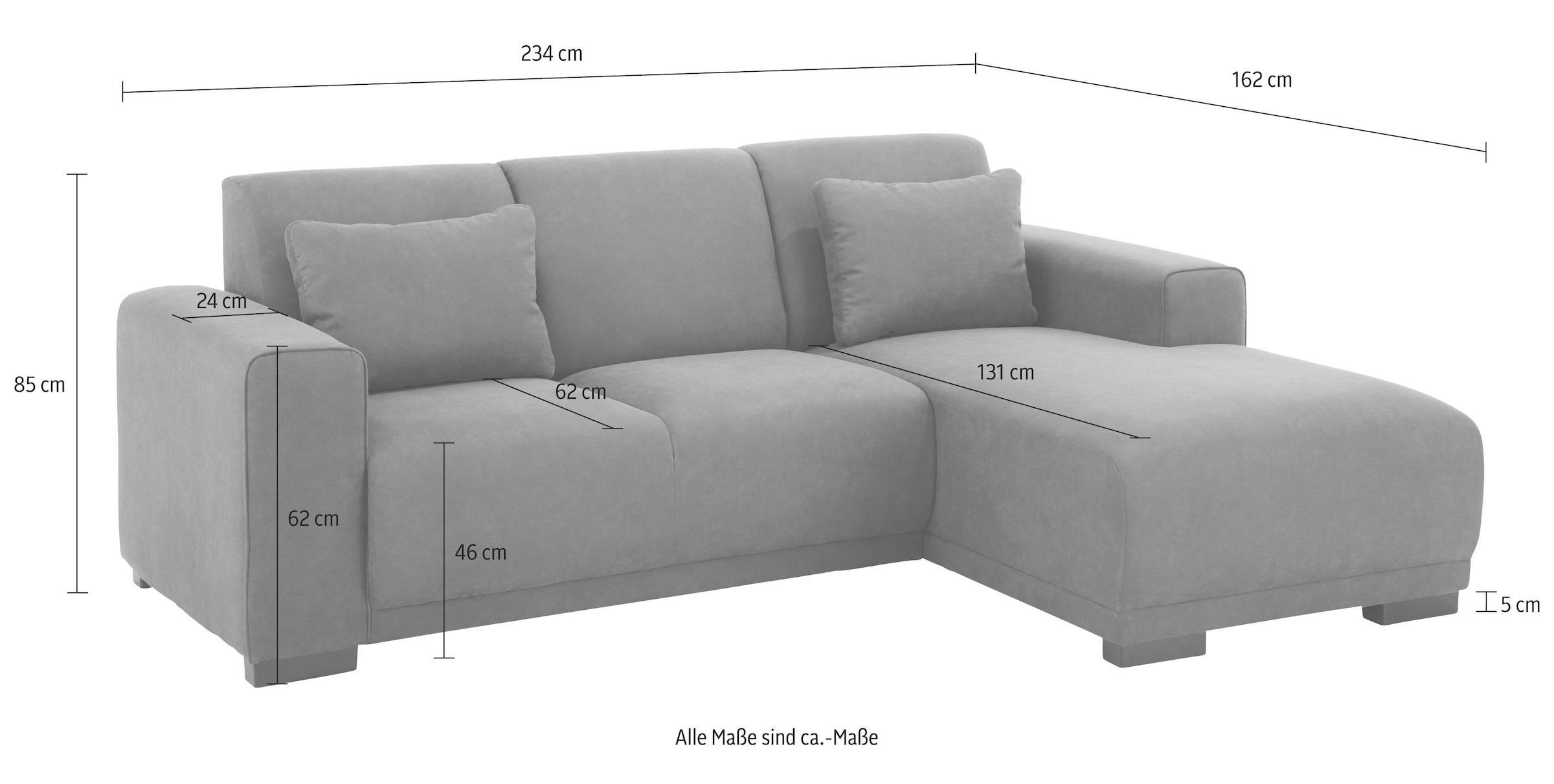Home affaire Ecksofa »BORNHOLM L-Form mit Recamiere, Maße B/T/H: 234/162/85 cm«, Recamiere links oder rechts bestellbar, Wellenfederung, inkl. 2 Kissen