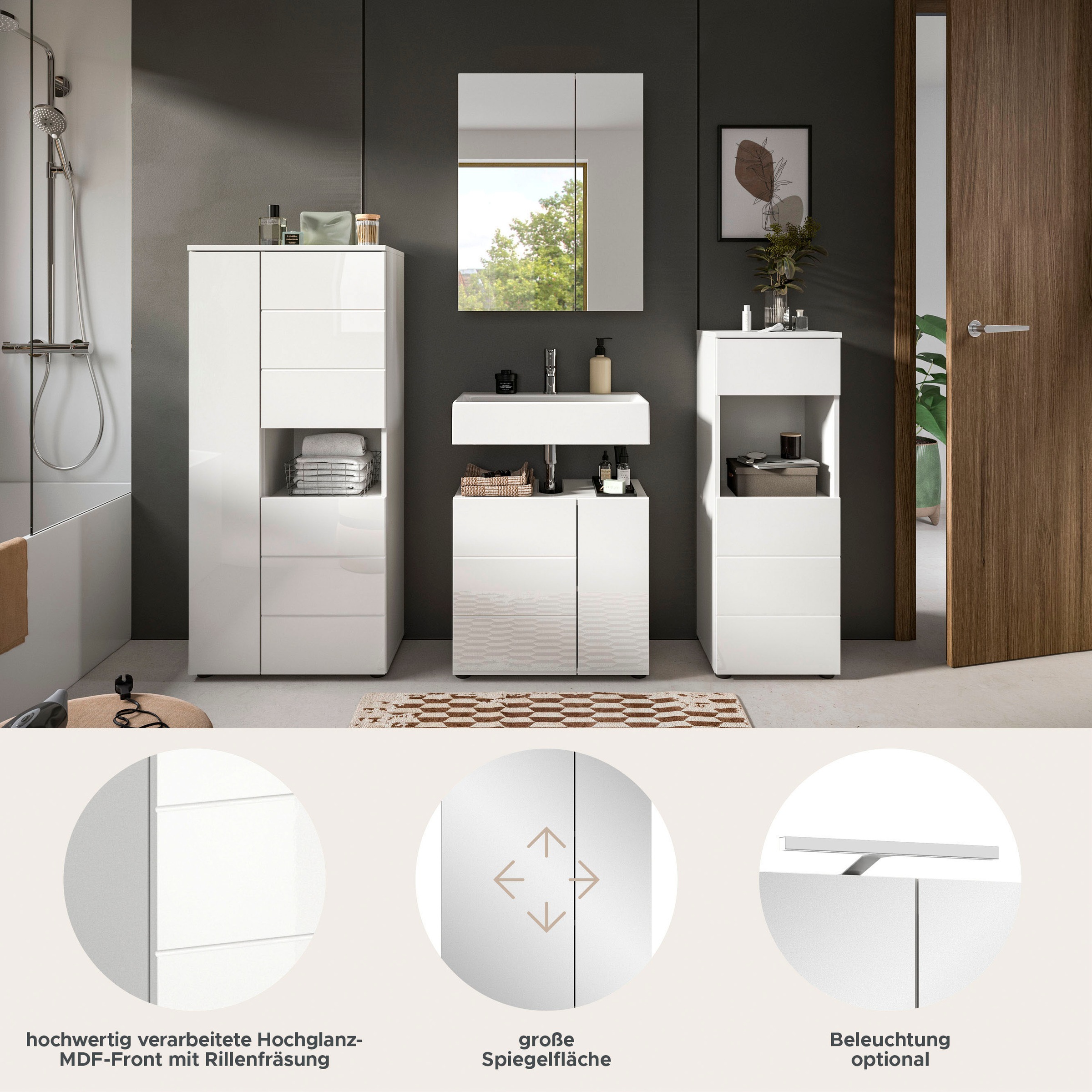 welltime Badmöbel-Set »Biel, Höhe 190 cm, Midischrank, Unterschrank, Spiegel, Standschrank«, (4 St.), Bad Set, modernes Design, Hochschrank, Unterschrank, Spiegel