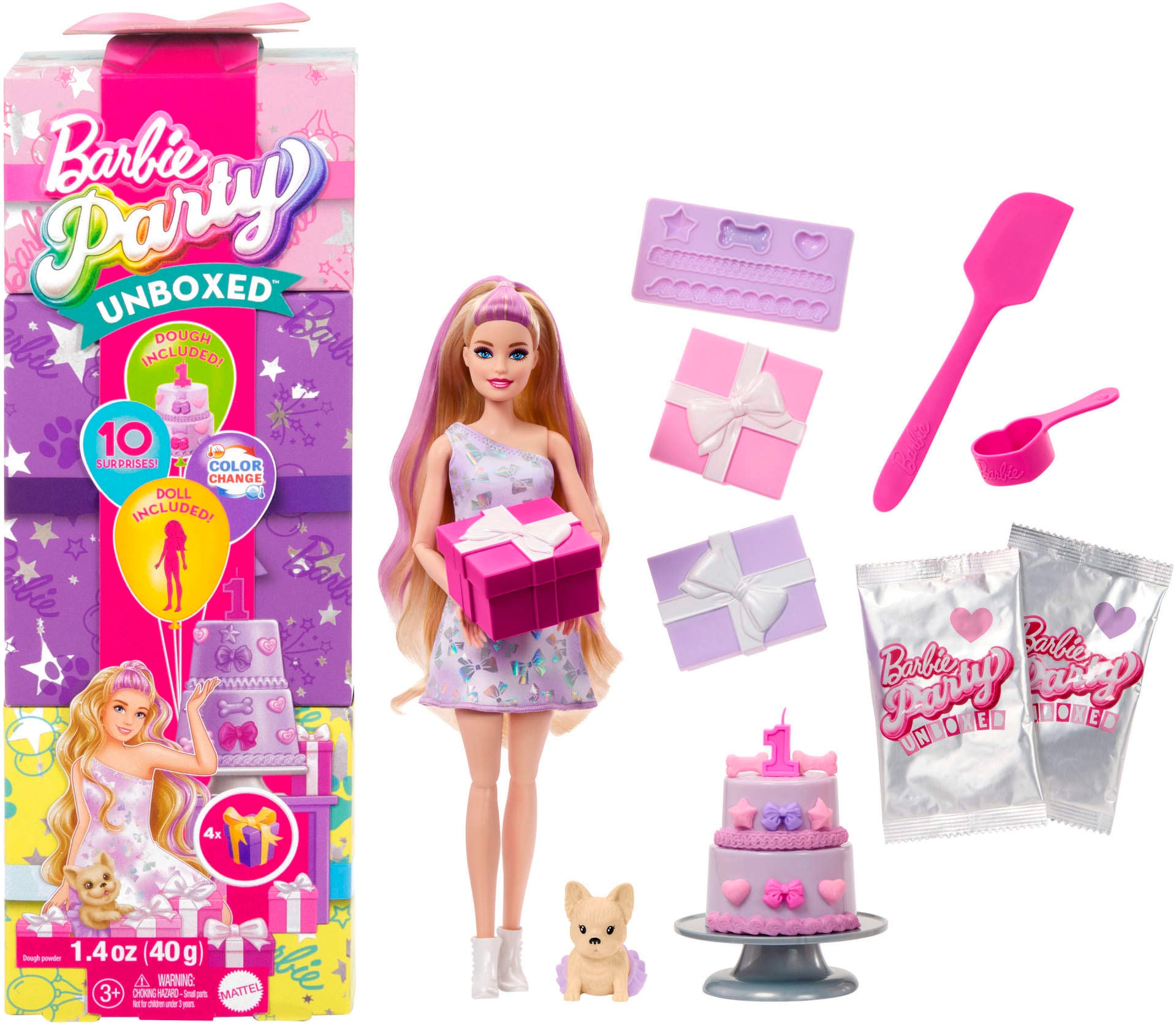 Barbie Anziehpuppe »Party Unboxed Haustier-Geburtstagsserie, lila Kleid«, mit Farbwechsel