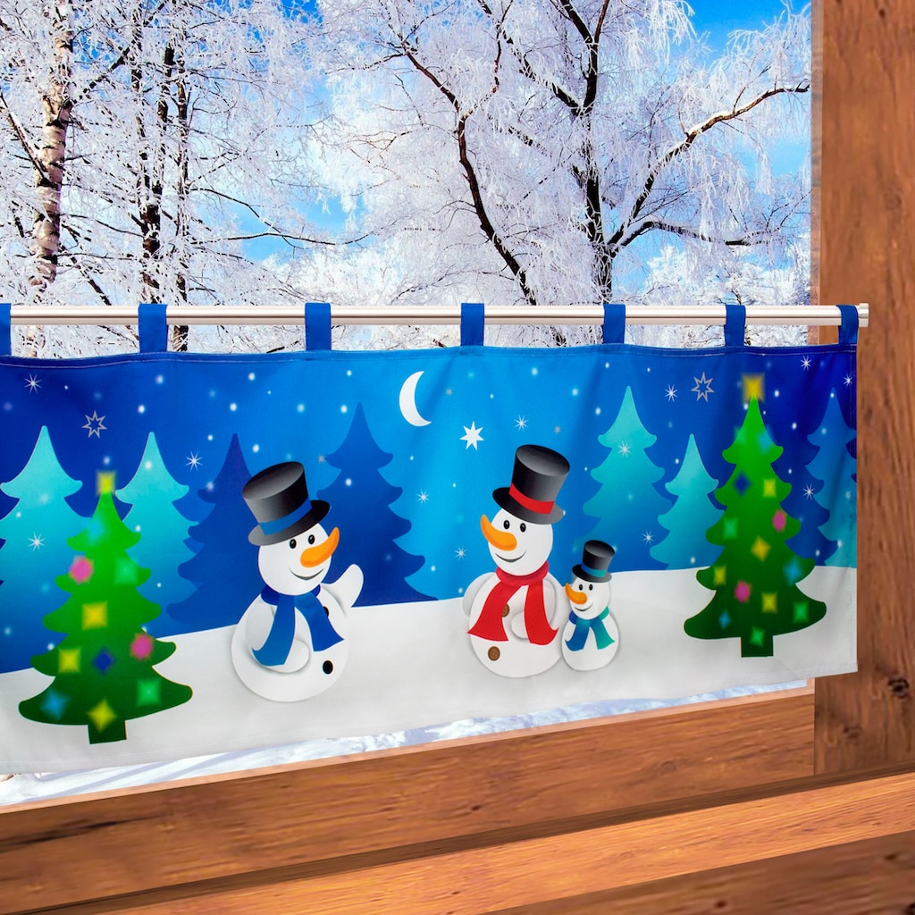 Delindo Lifestyle Scheibengardine »Schneemänner«, (1 St.), mit Schlaufenaufhängung, für die Küche, mit LED-Beleuchtung