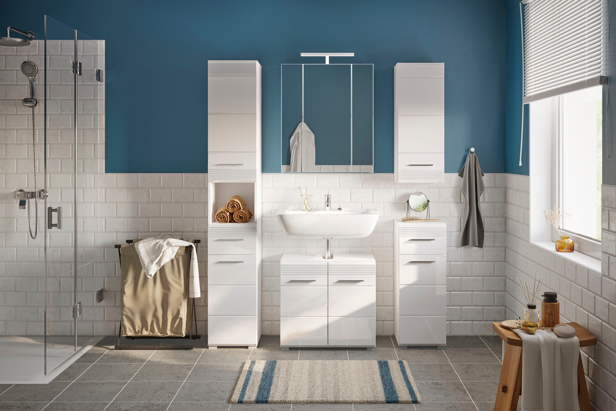 INOSIGN Badmöbel-Set »Malmö, 5 teilig, inklusive LED Beleuchtung, bestehend aus:«, (Set, 5 St.), Hochschrank, WBU, Spiegelschrank, Unterschrank, Hängeschrank